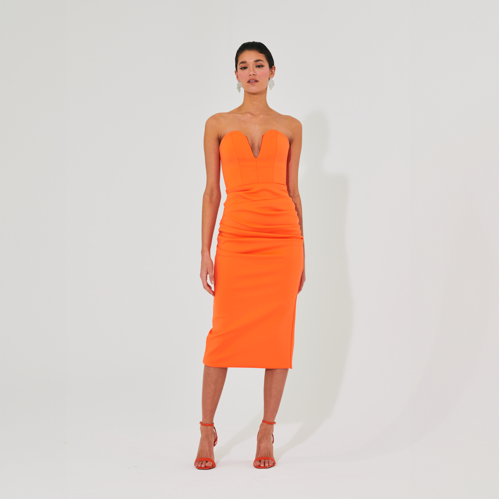 Neon Orange U Shape Bustier Midi Dress