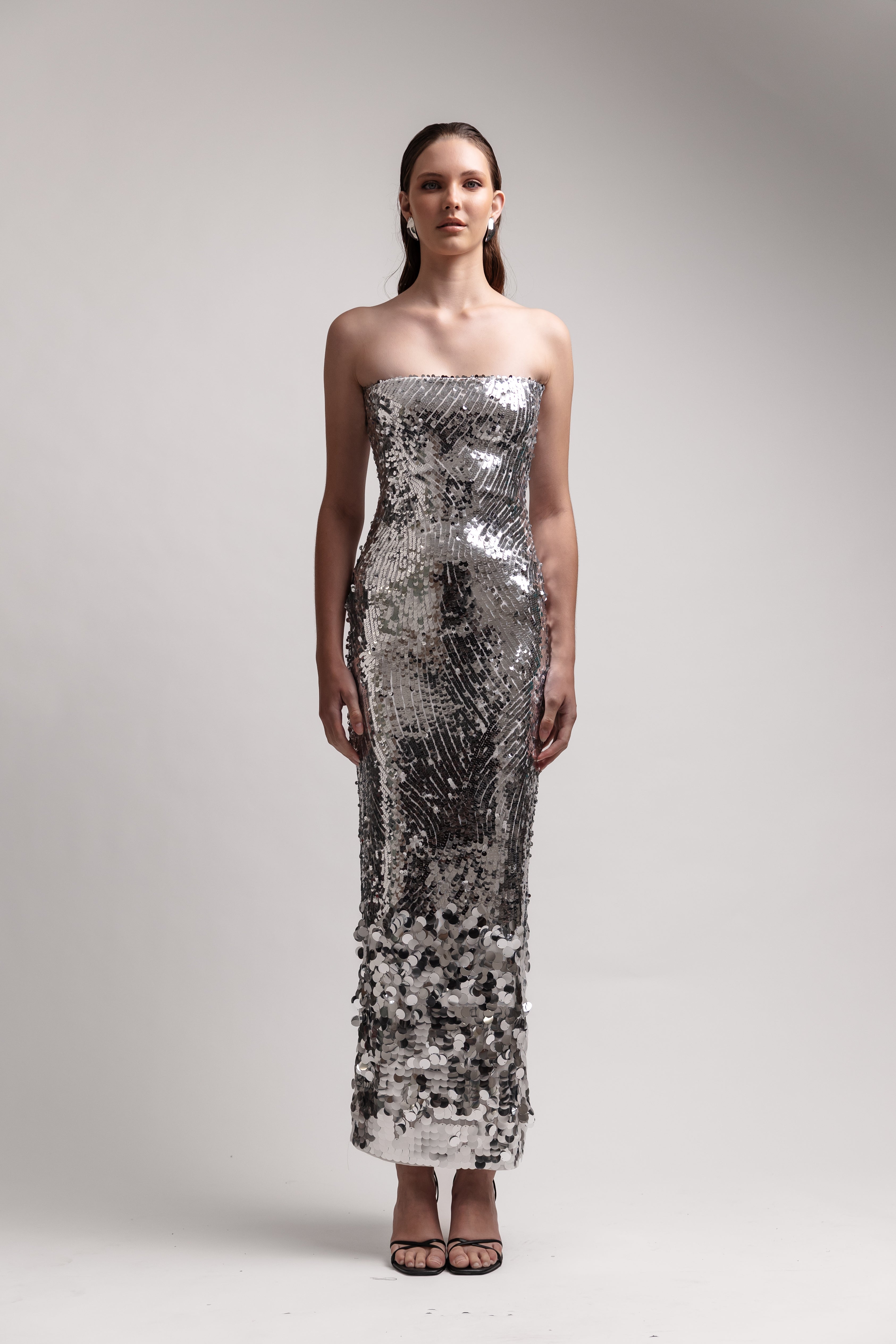 SILVER SEQUIN STRAPLESS MIDI DRESS