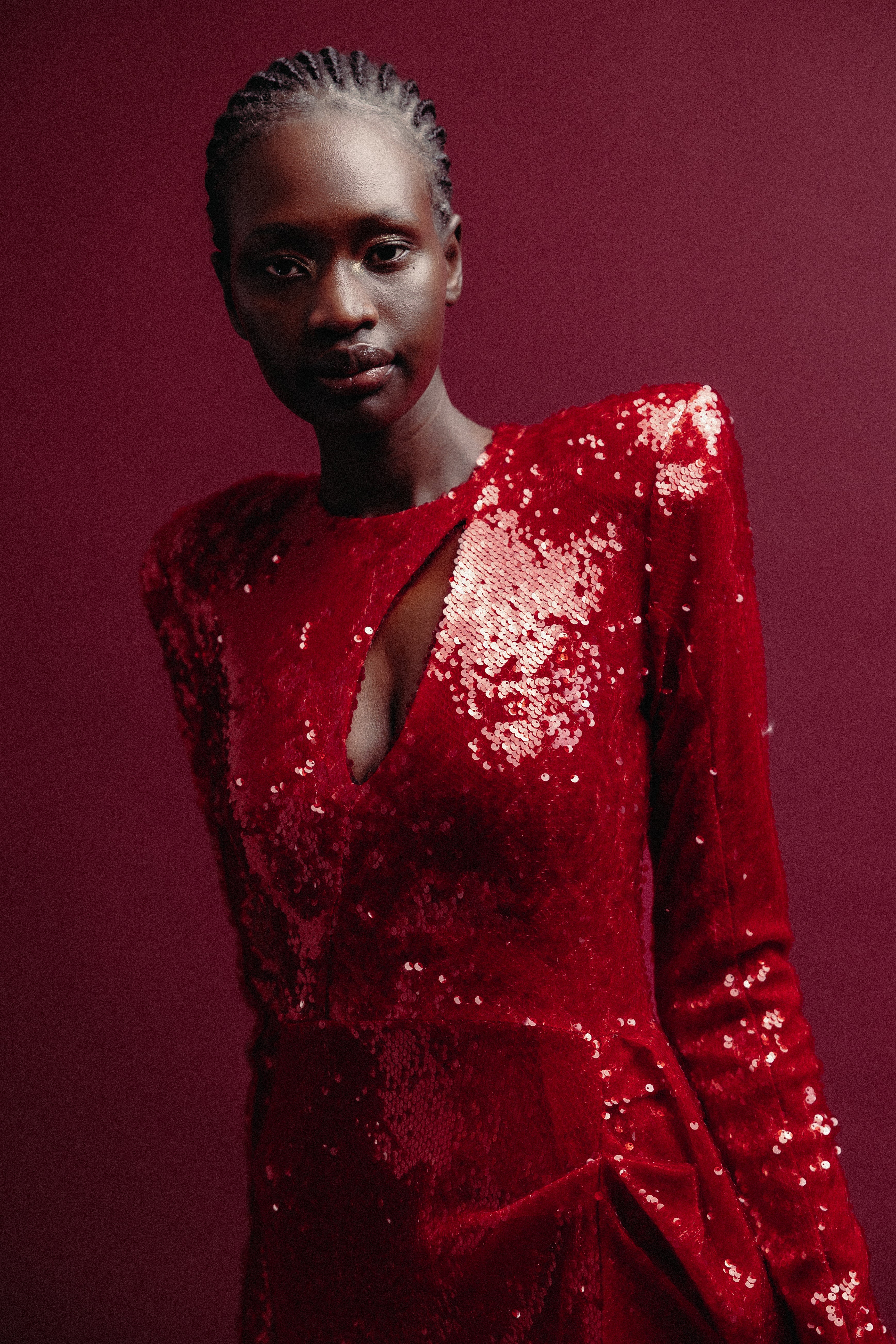 RED DRAPE SEQUIN GOWN 