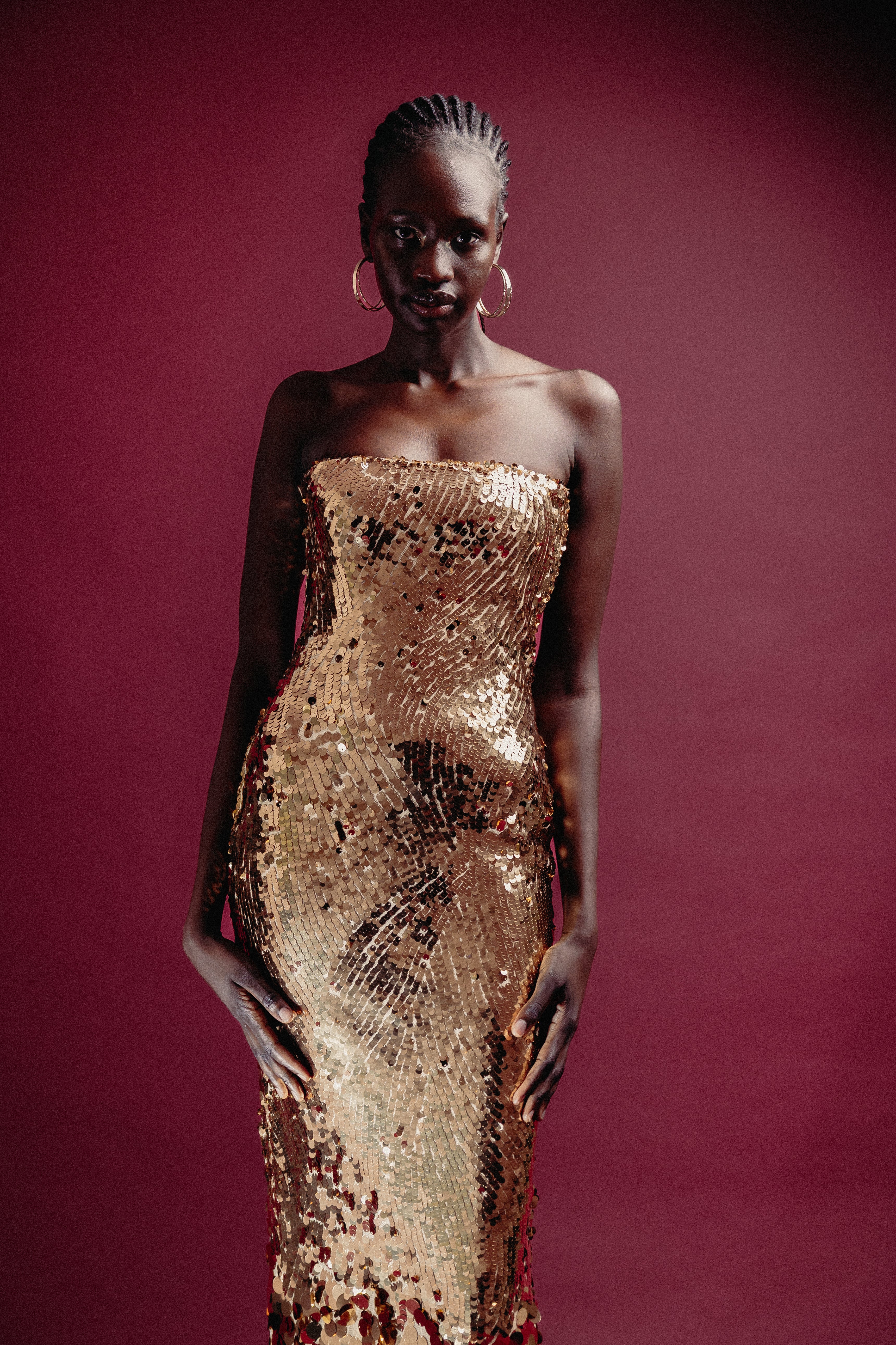 GOLD SEQUIN STRAPLESS MIDI DRESS
