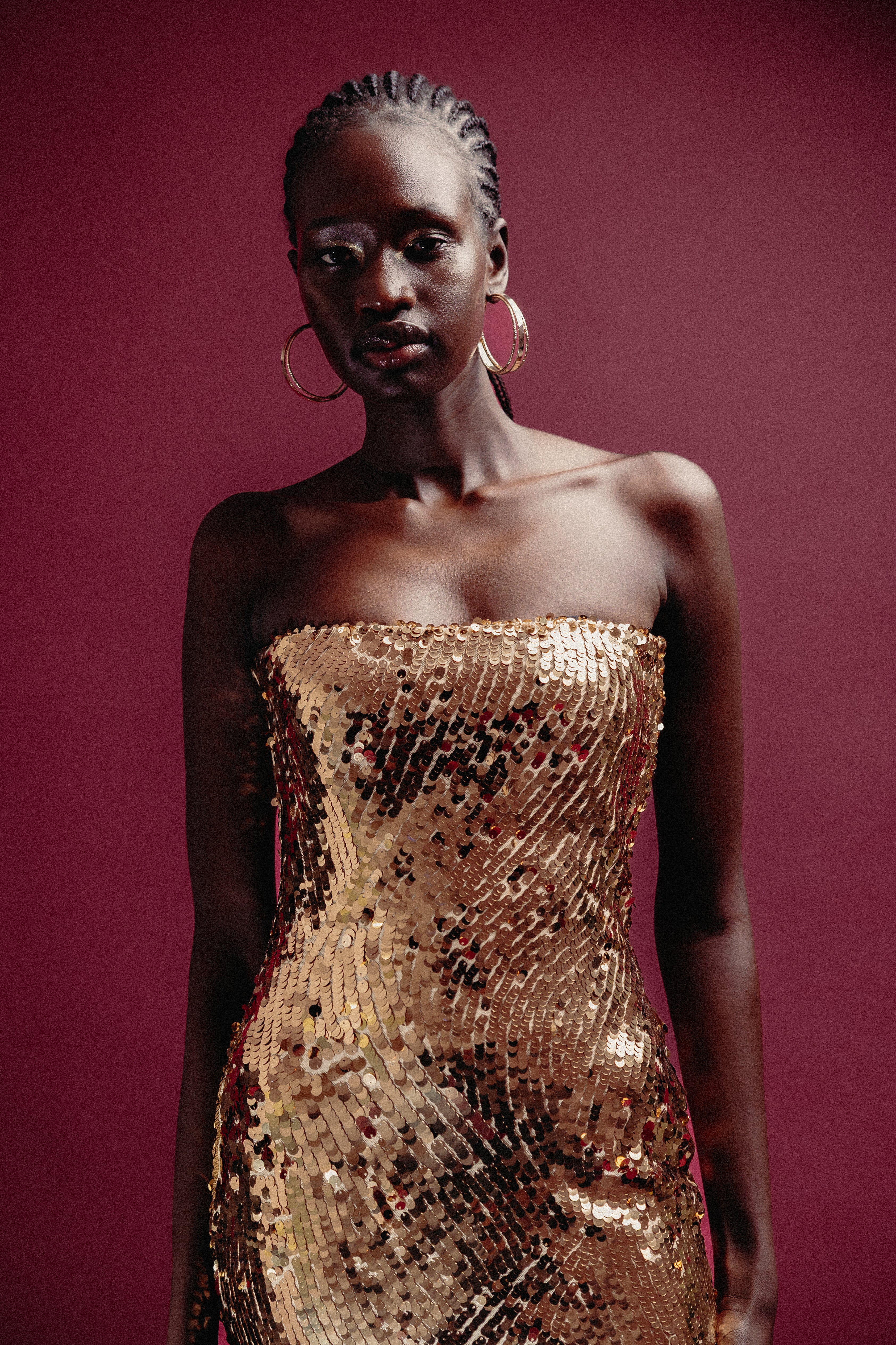 GOLD SEQUIN STRAPLESS MIDI DRESS