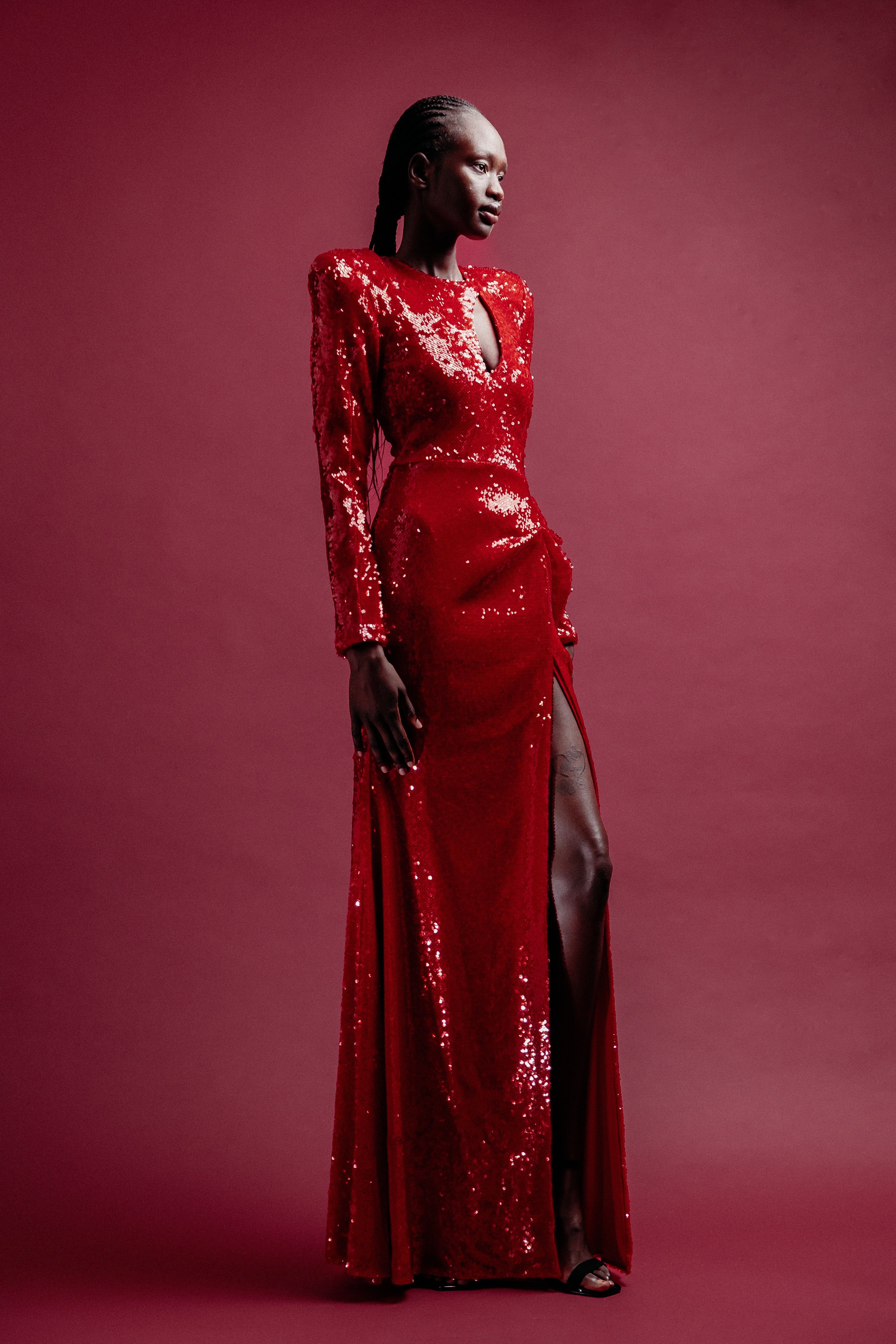 RED DRAPE SEQUIN GOWN 