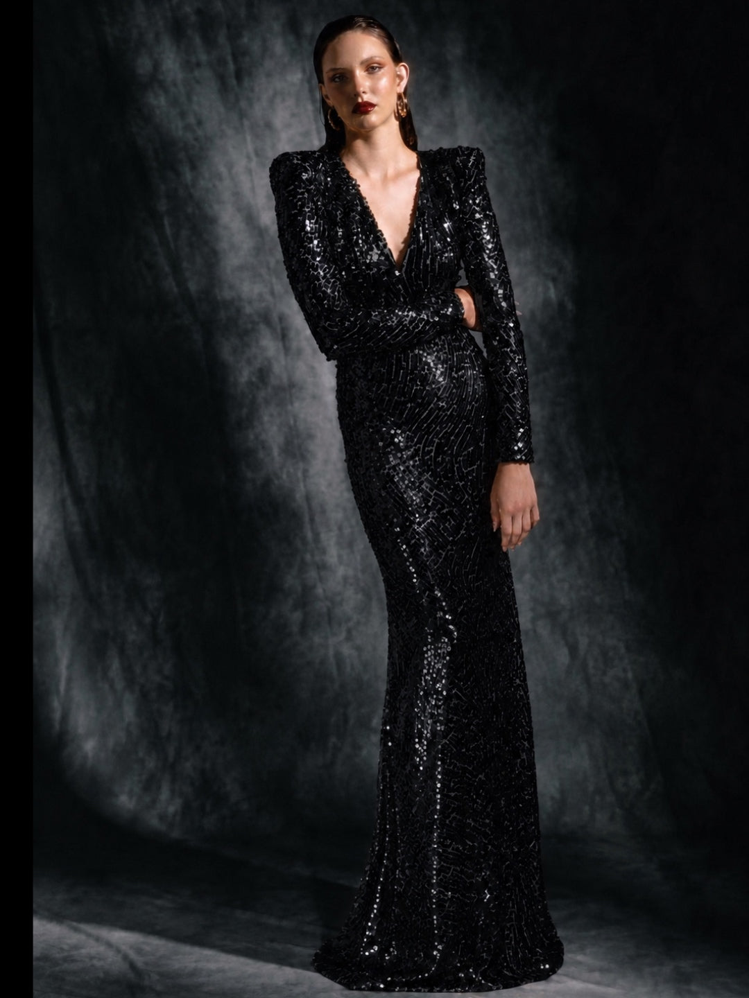 BLACK SEQUIN VNECK GOWN