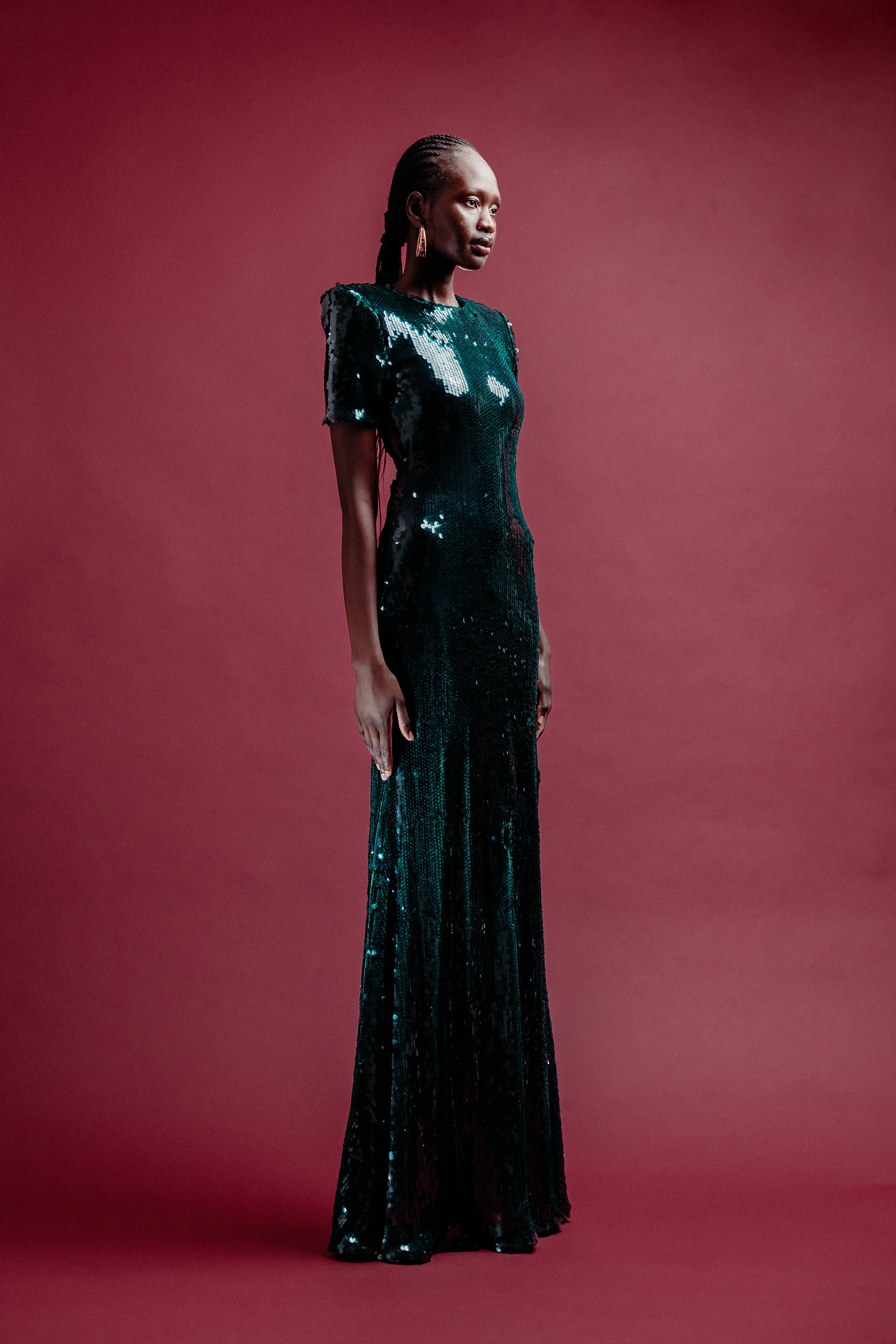 Emerald Sequin  Shoulders Gown
