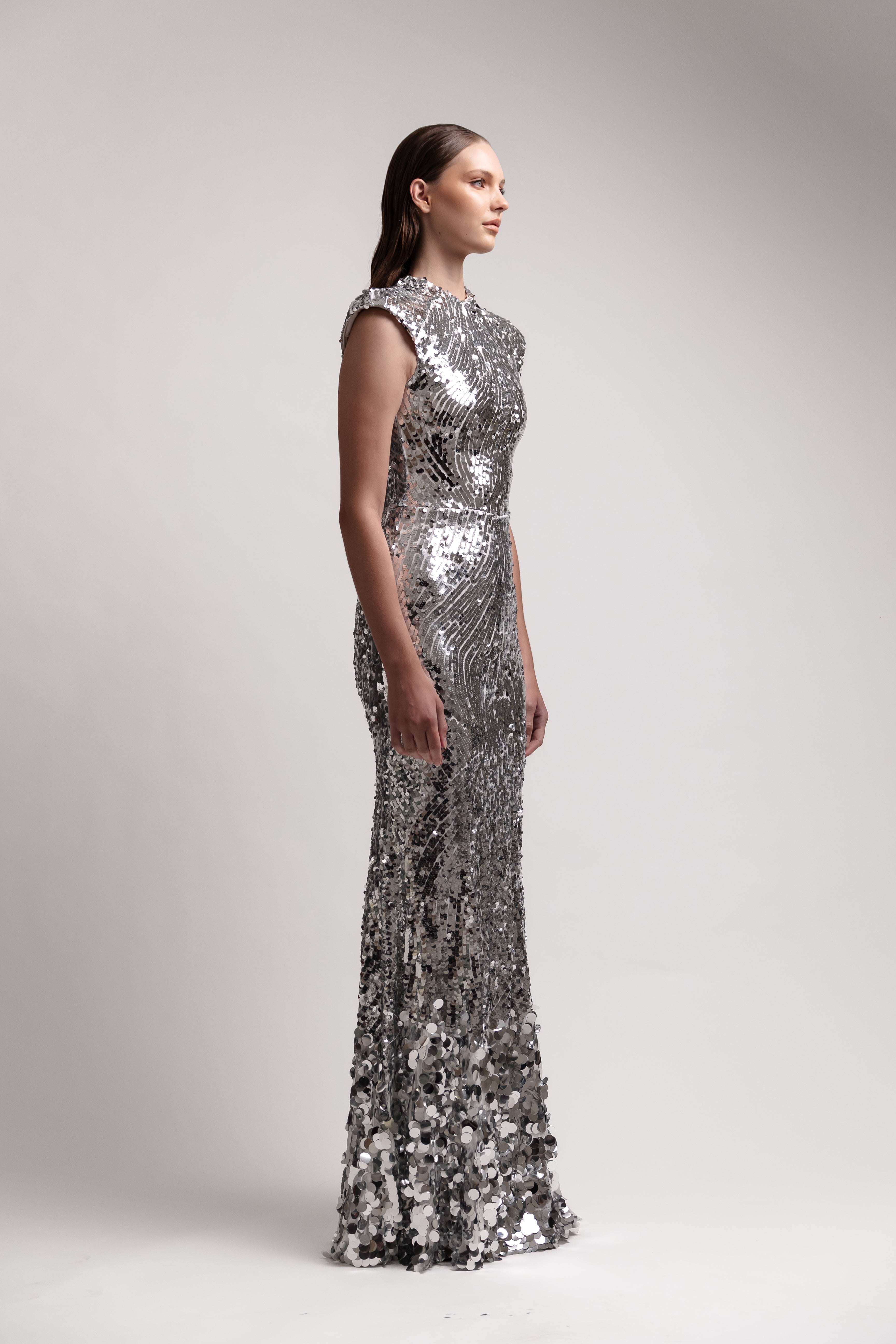 SILVER SEQUIN CAP SLEEVE  GOWN