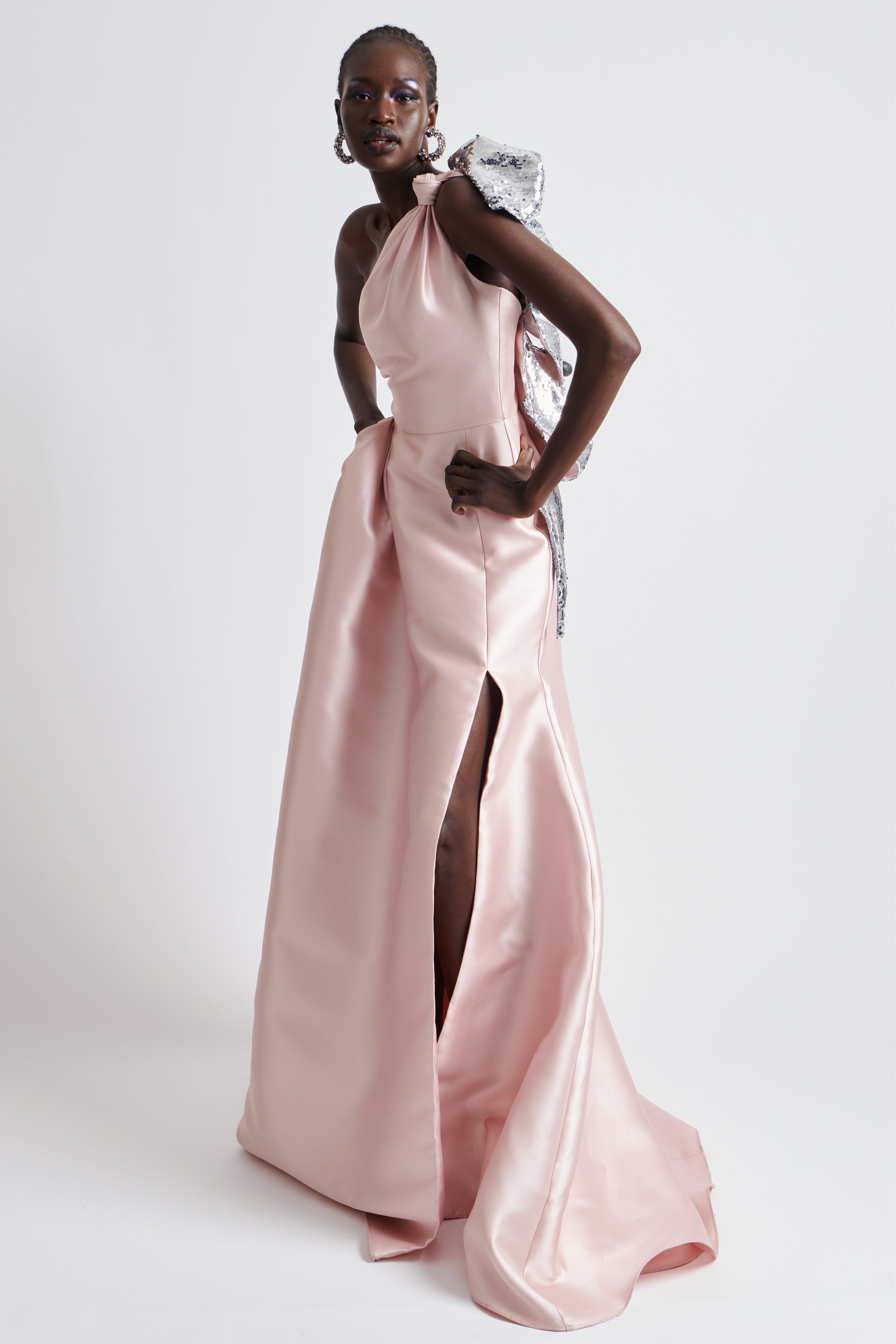 SEQUIN BOW ONE SHOULDER BALL GOWN