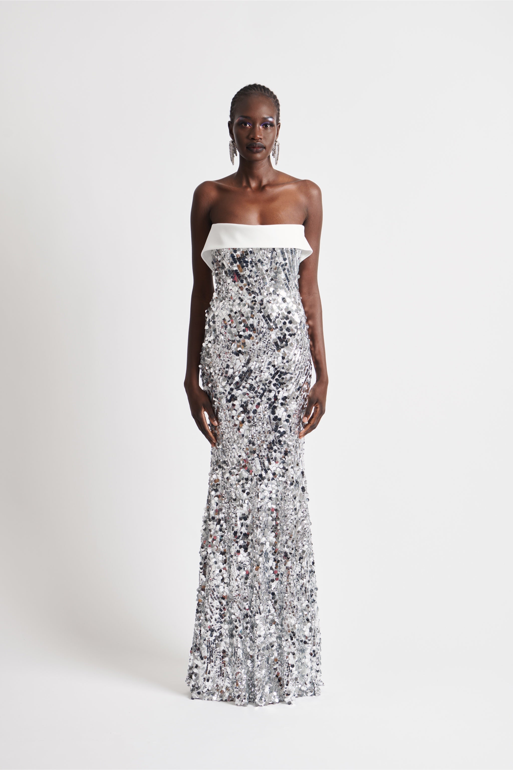 SILVER MIRROR  SEQUIN STRAPLESS DRESS