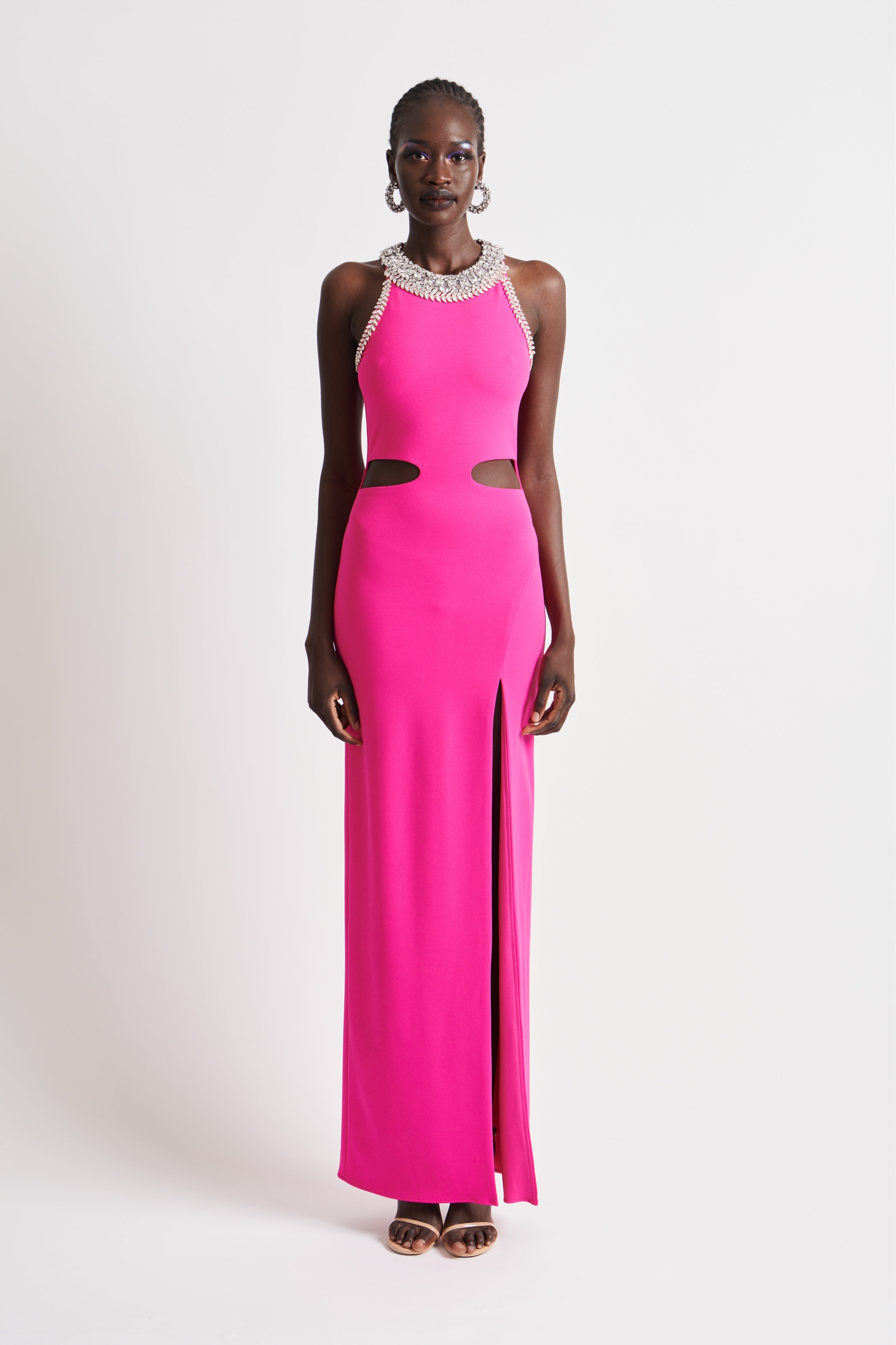 CUTOUT DIAMOND NECK CREPE DRESS