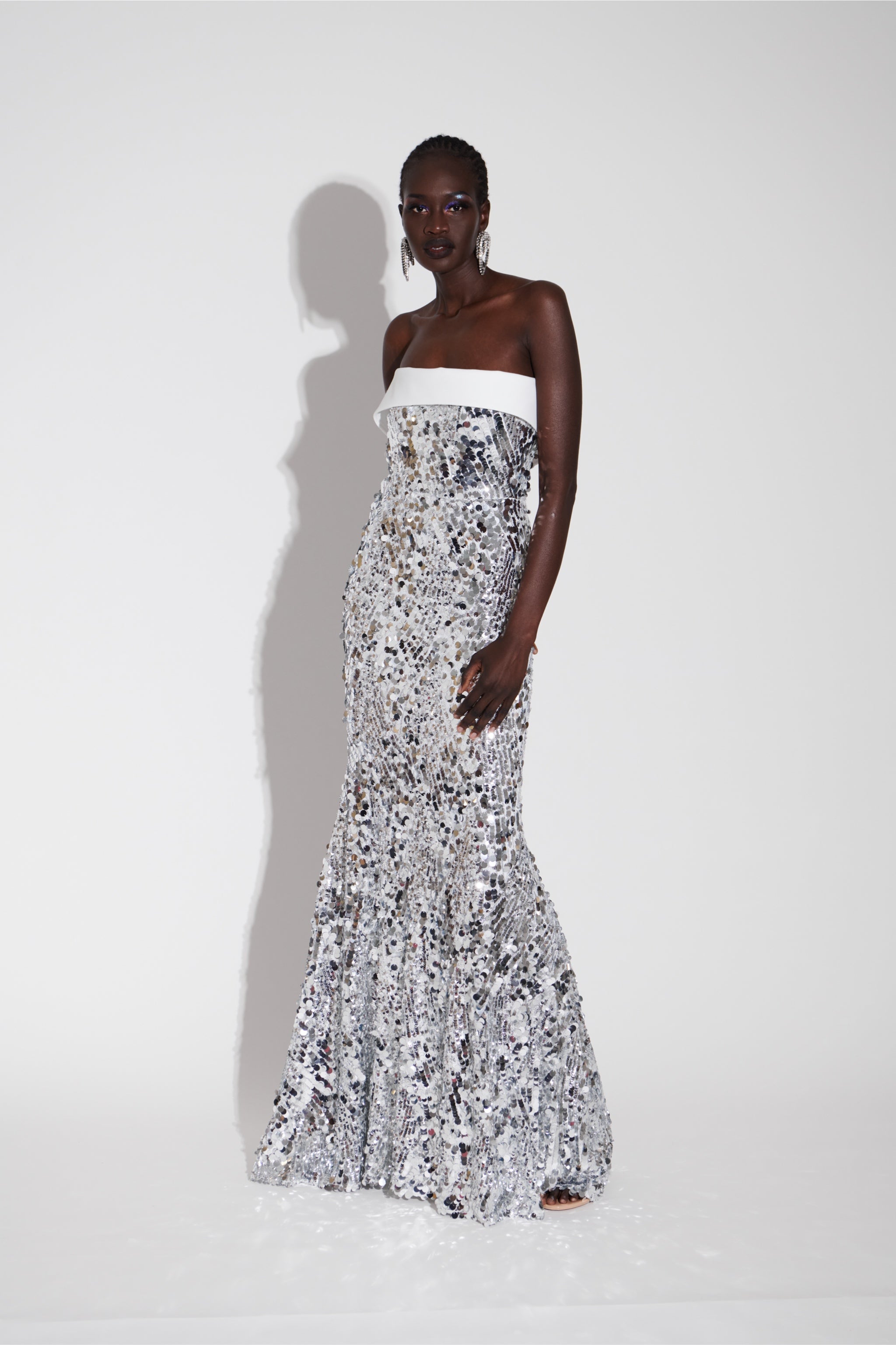 SILVER MIRROR  SEQUIN STRAPLESS DRESS