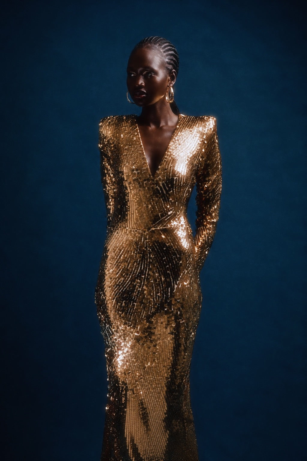 GOLD SEQUIN VNECK GOWN