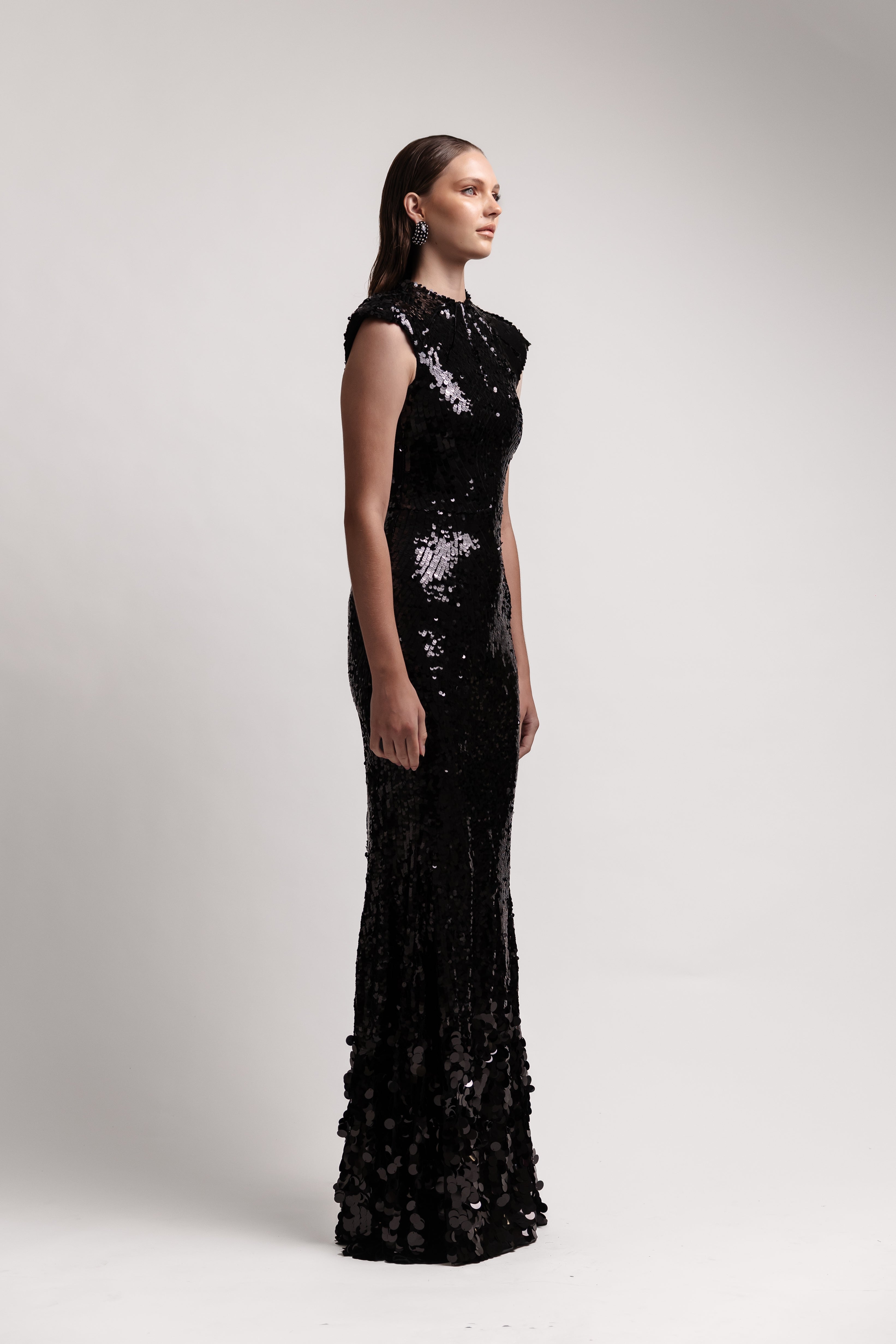 BLACK SEQUIN CAP SLEEVE  GOWN