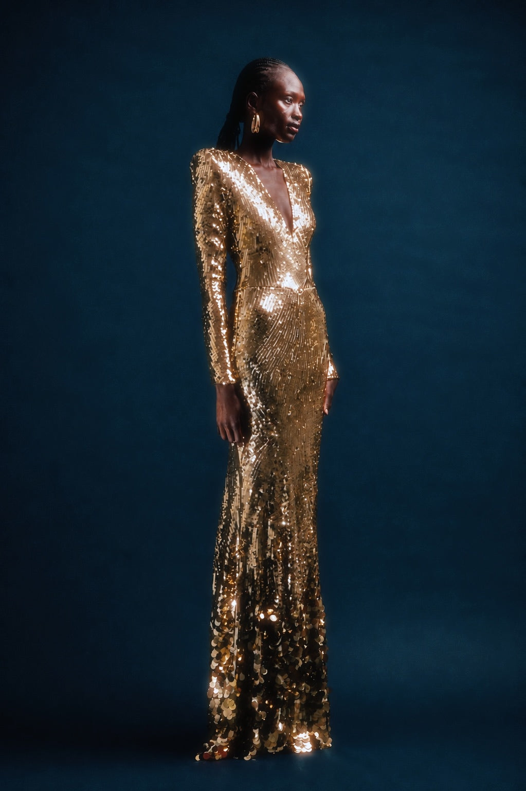 GOLD SEQUIN VNECK GOWN