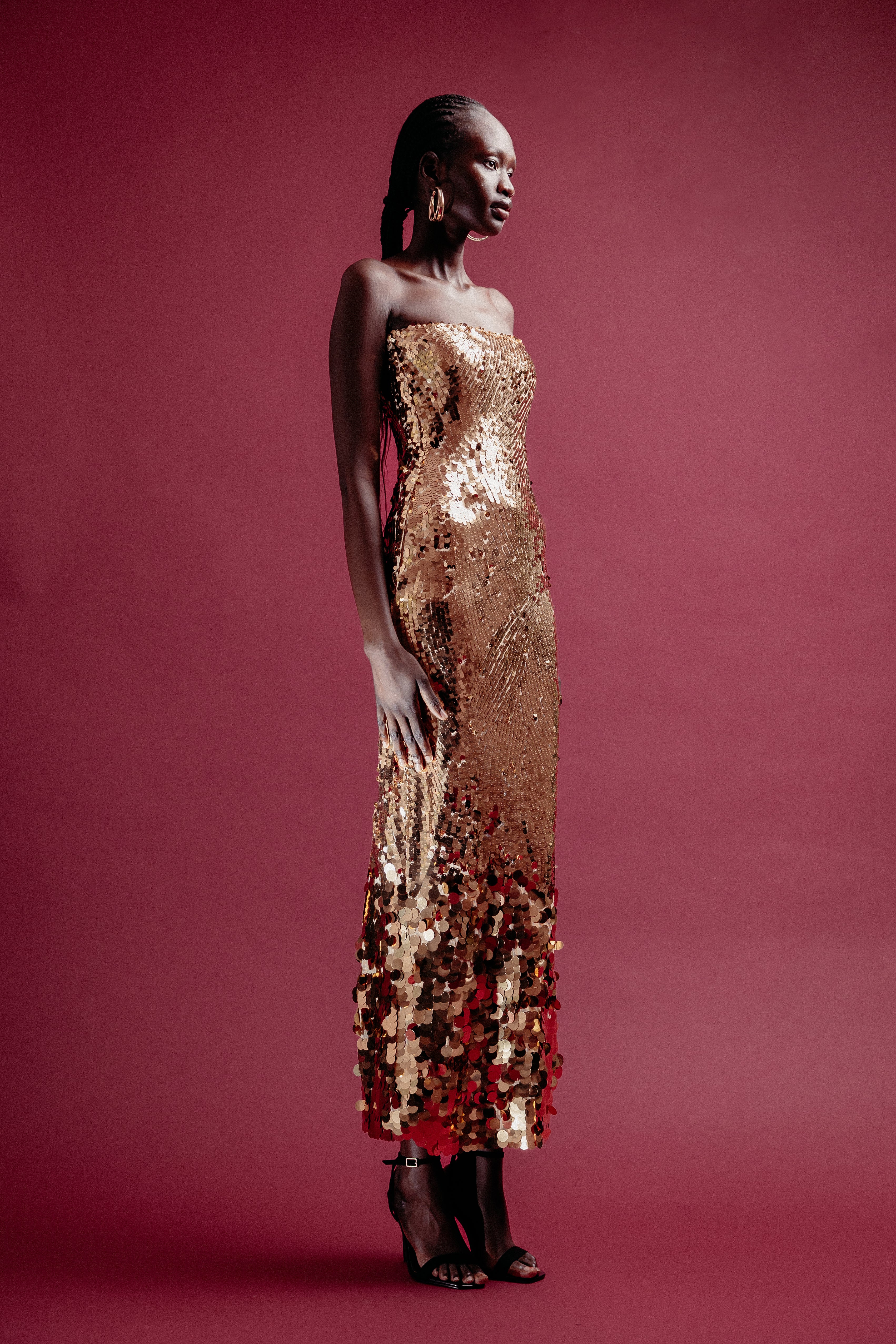 GOLD SEQUIN STRAPLESS MIDI DRESS