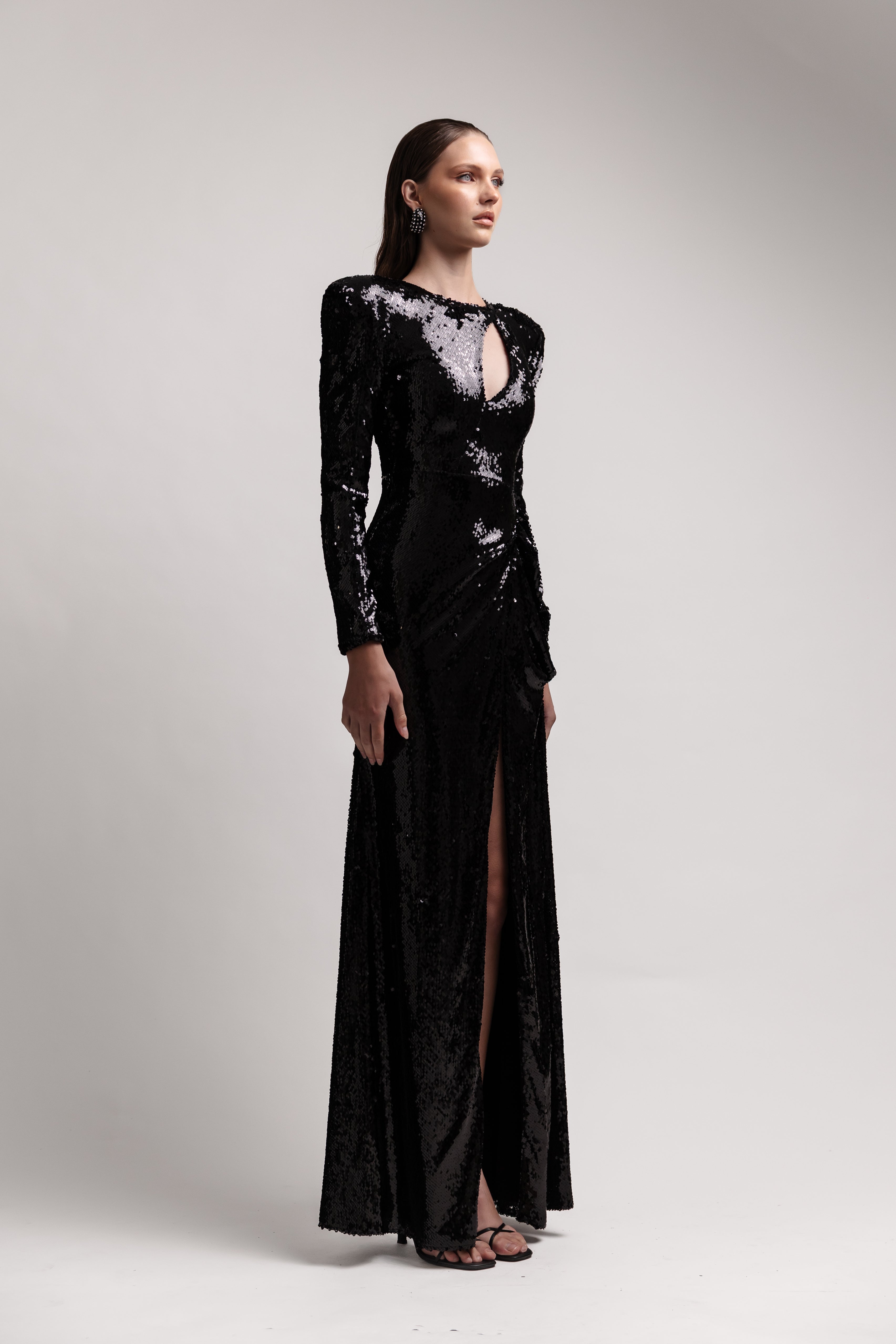 MIDNIGHT SEQUIN  DRAPED GOWN