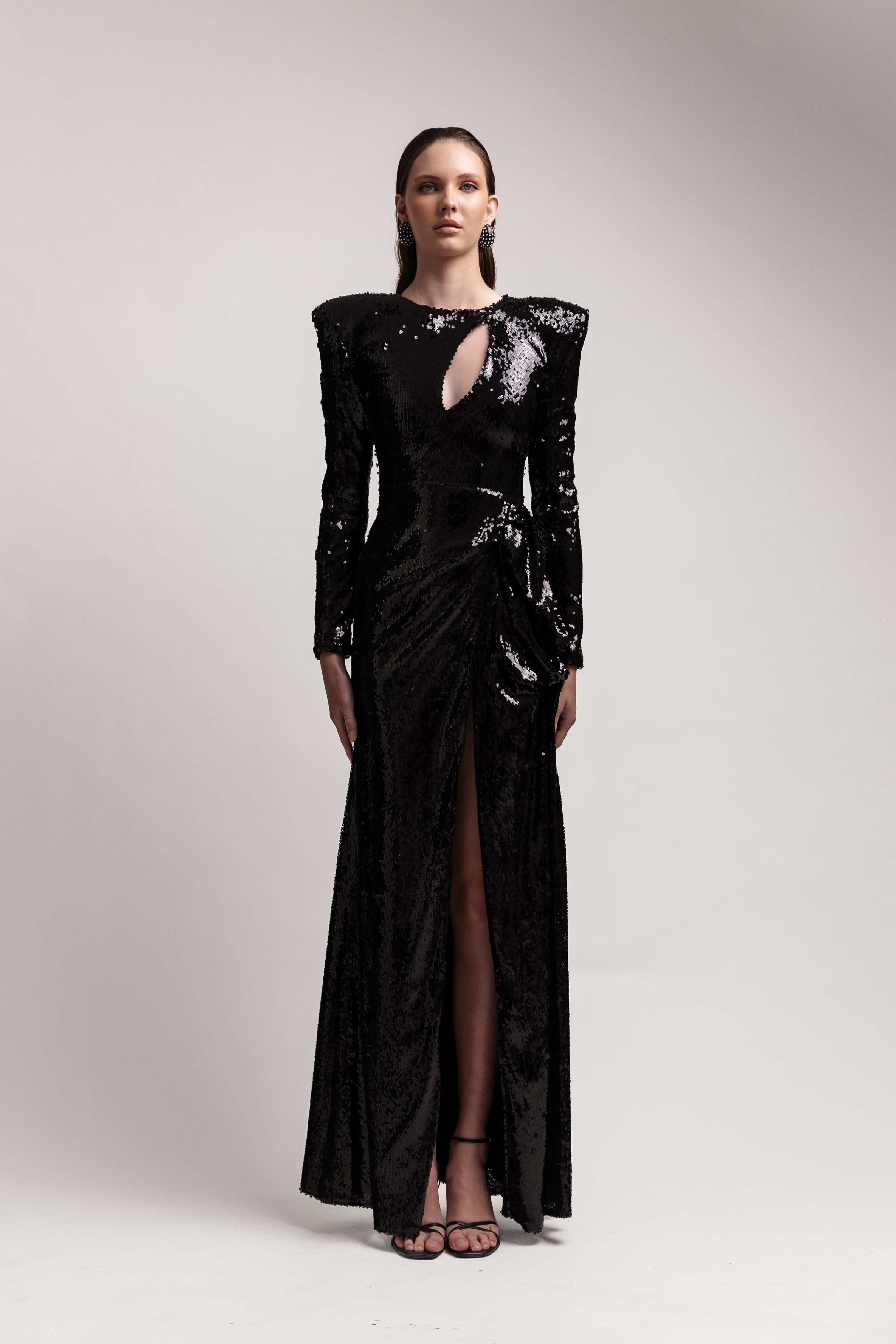 BLACK  SEQUIN  DRAPED GOWN