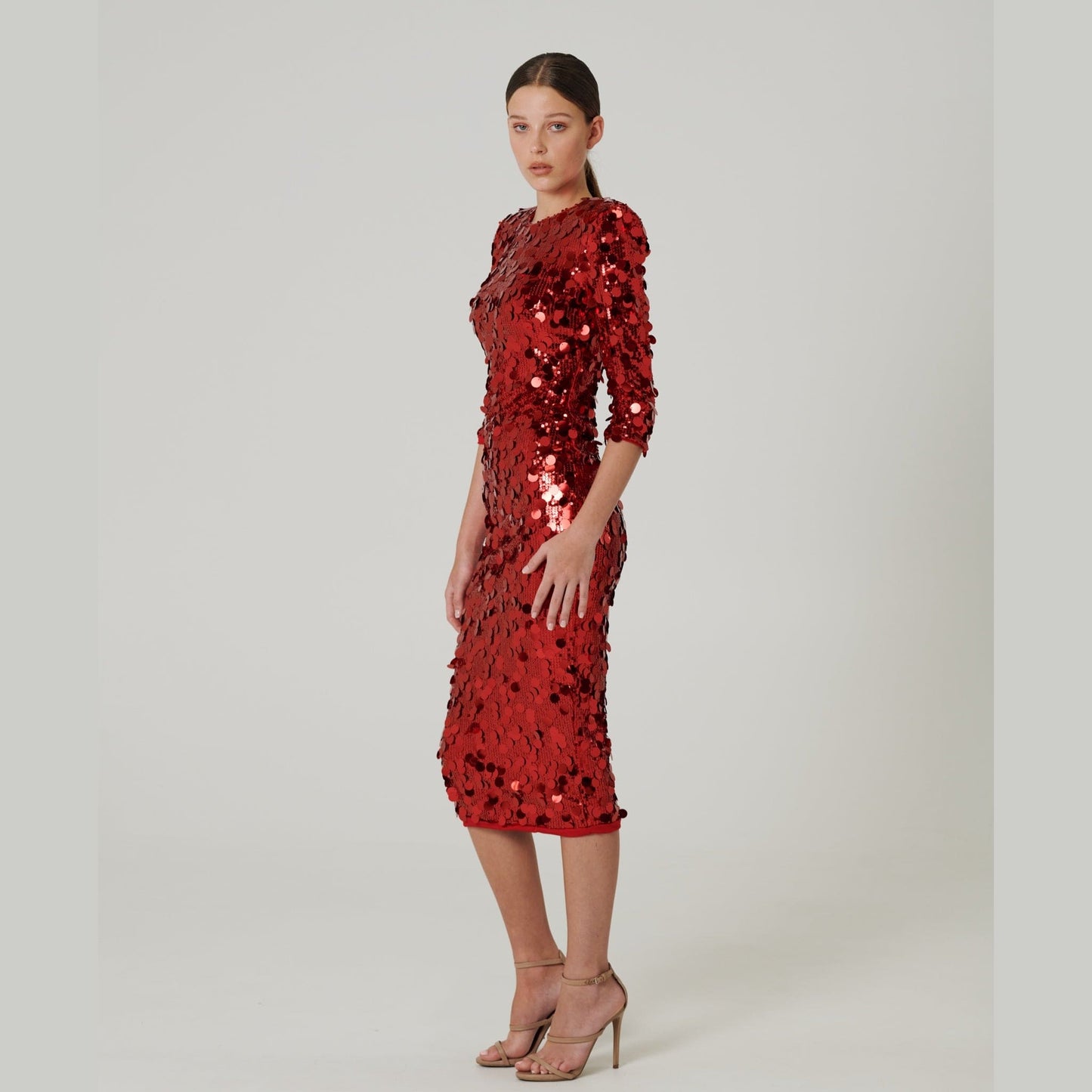 Red Mirror Sequin Midi Dress