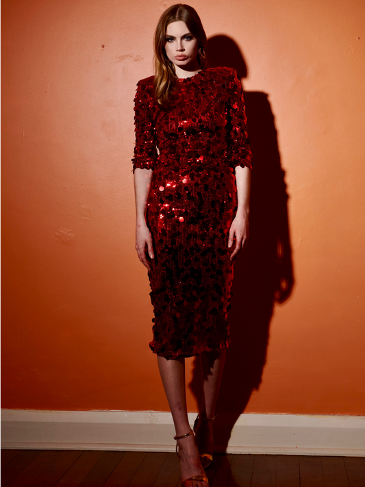 Red Mirror Sequin Midi Dress I Meraki Official