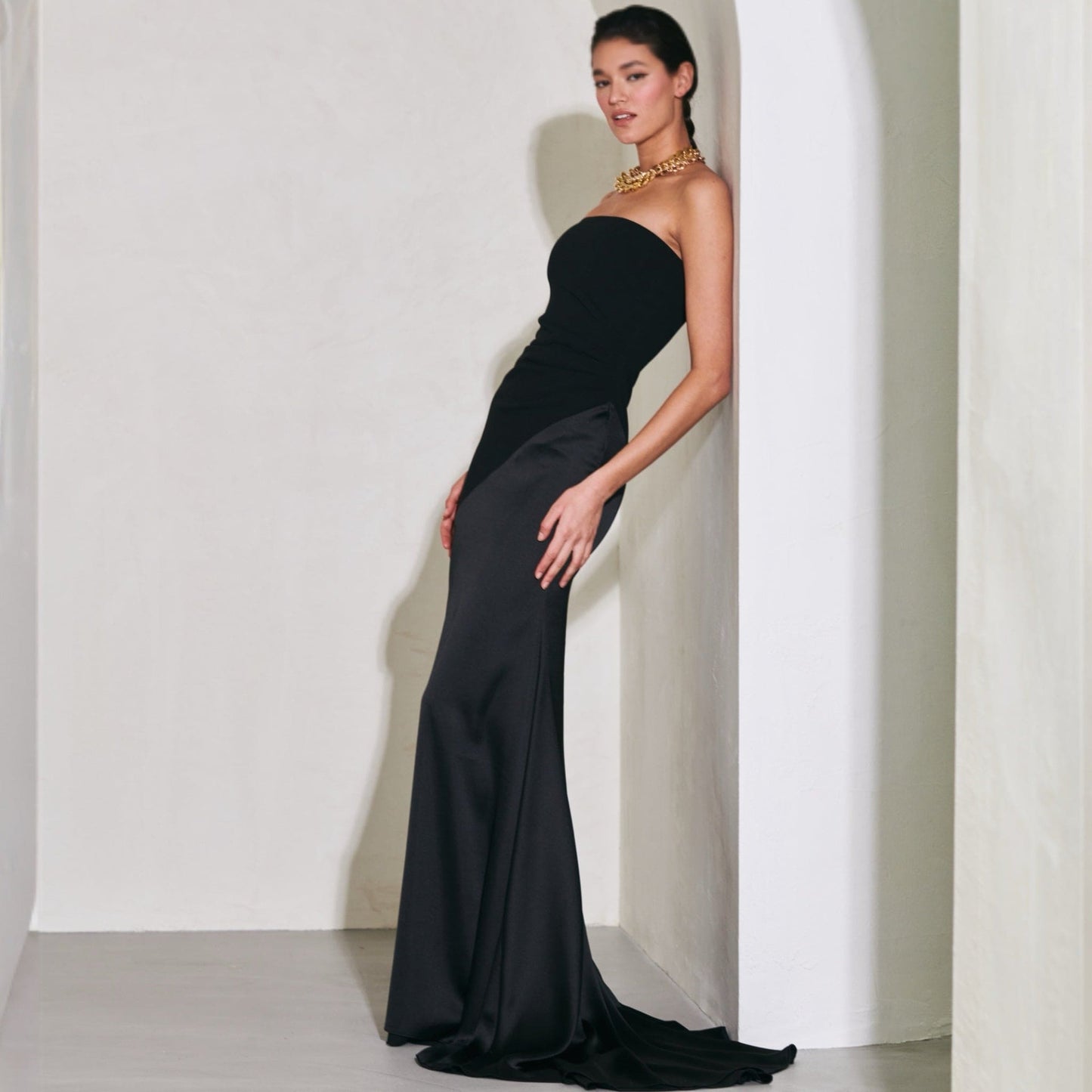 Black Satin Panel Strapless Gown