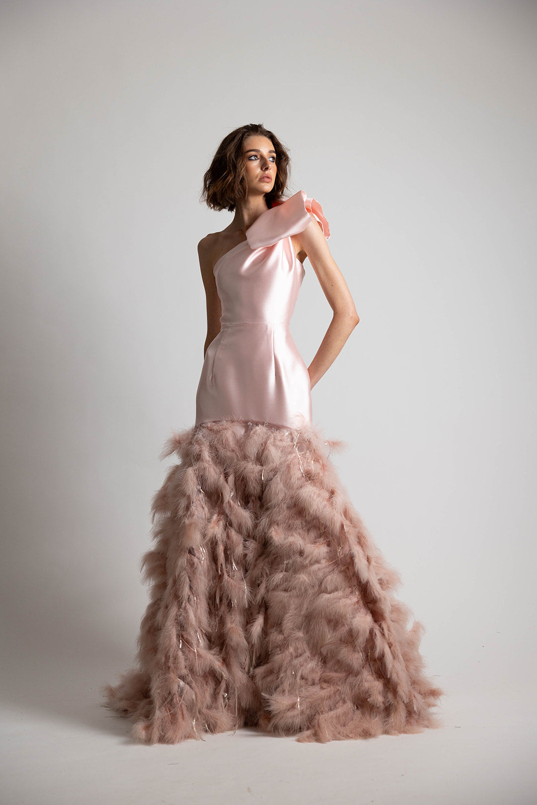 ONE SHOULDER FEATHERED  BALL GOWN