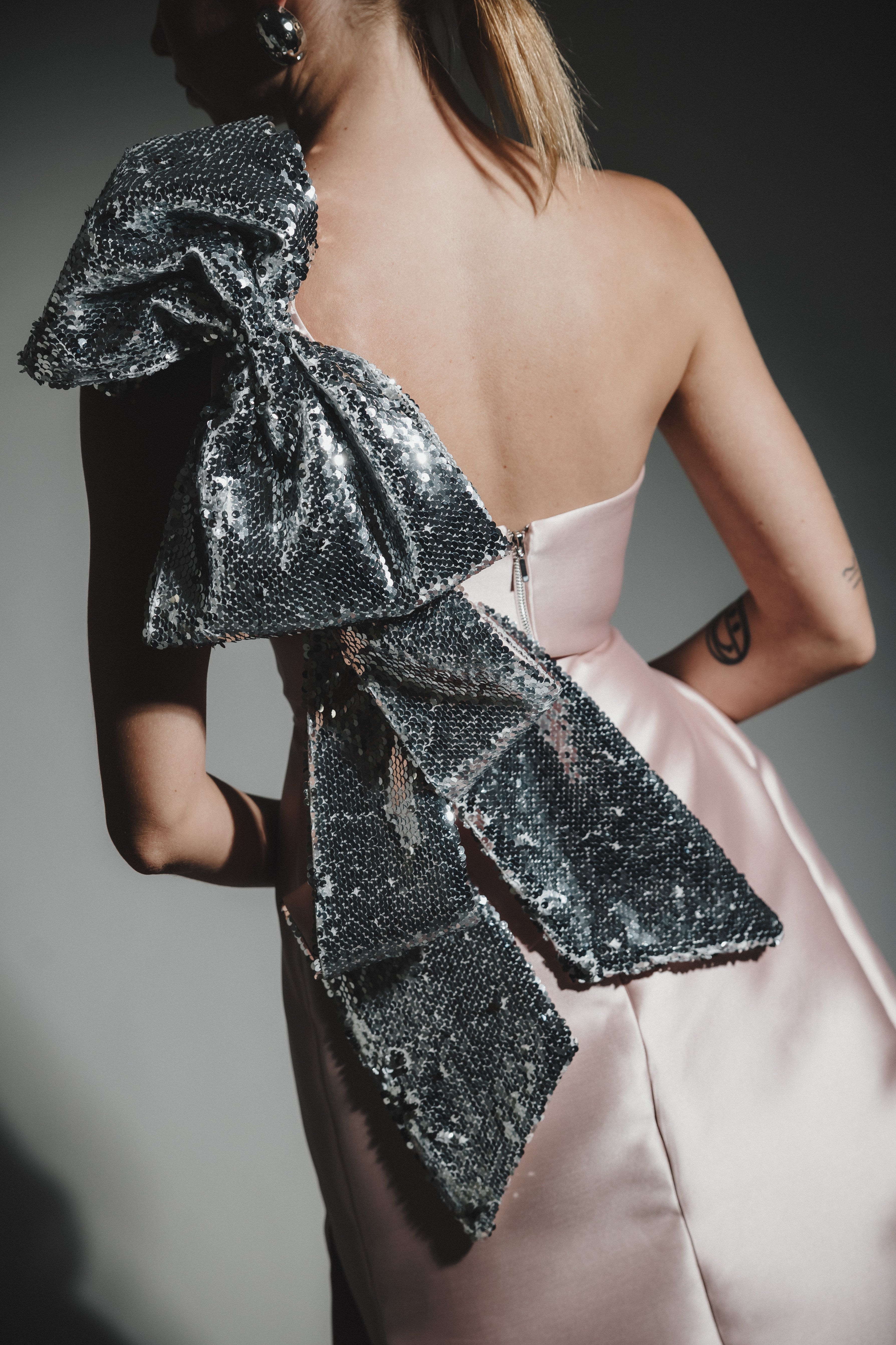 SEQUIN BOW ONE SHOULDER BALL GOWN