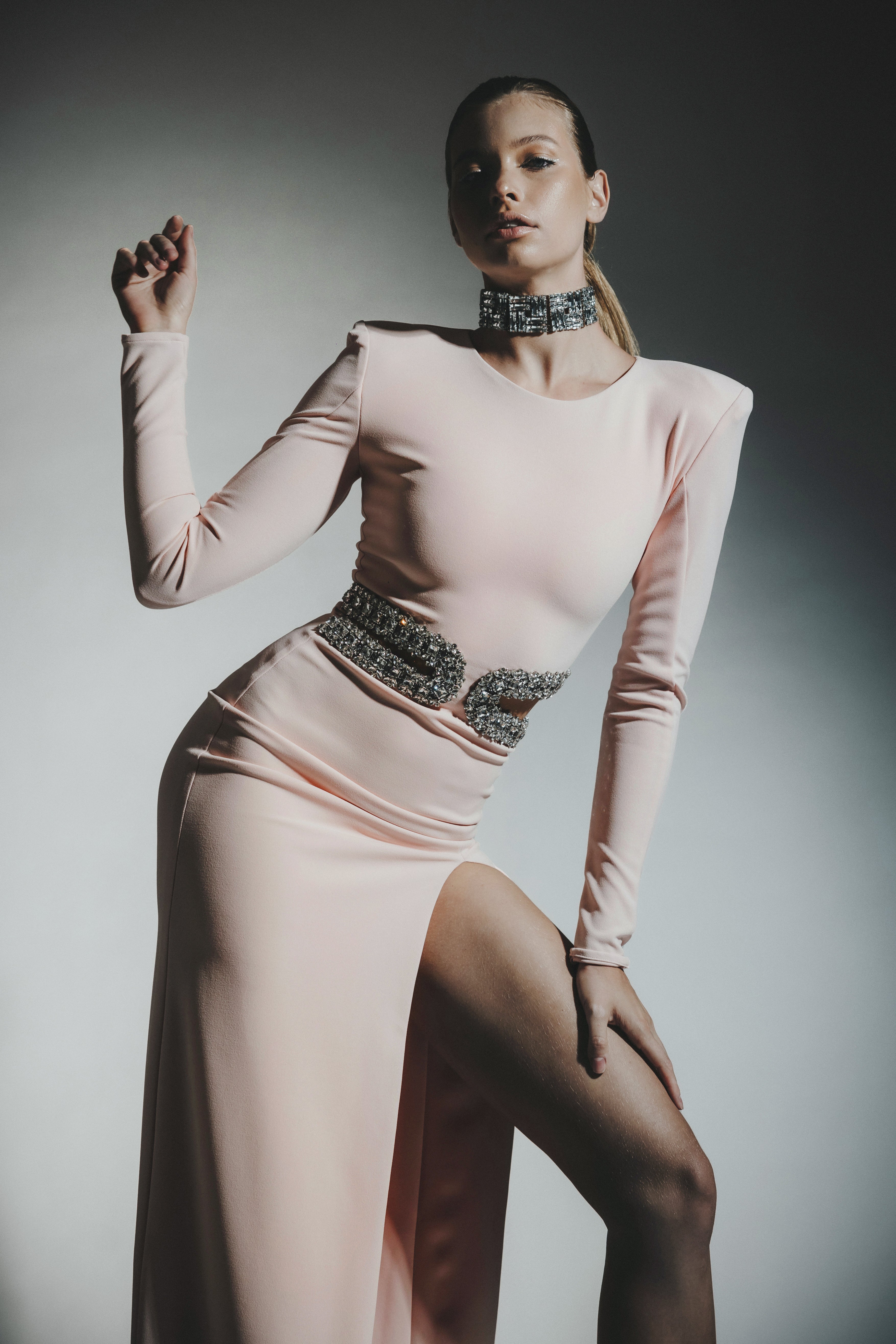 CUTOUT DIAMOND CREPE DRESS