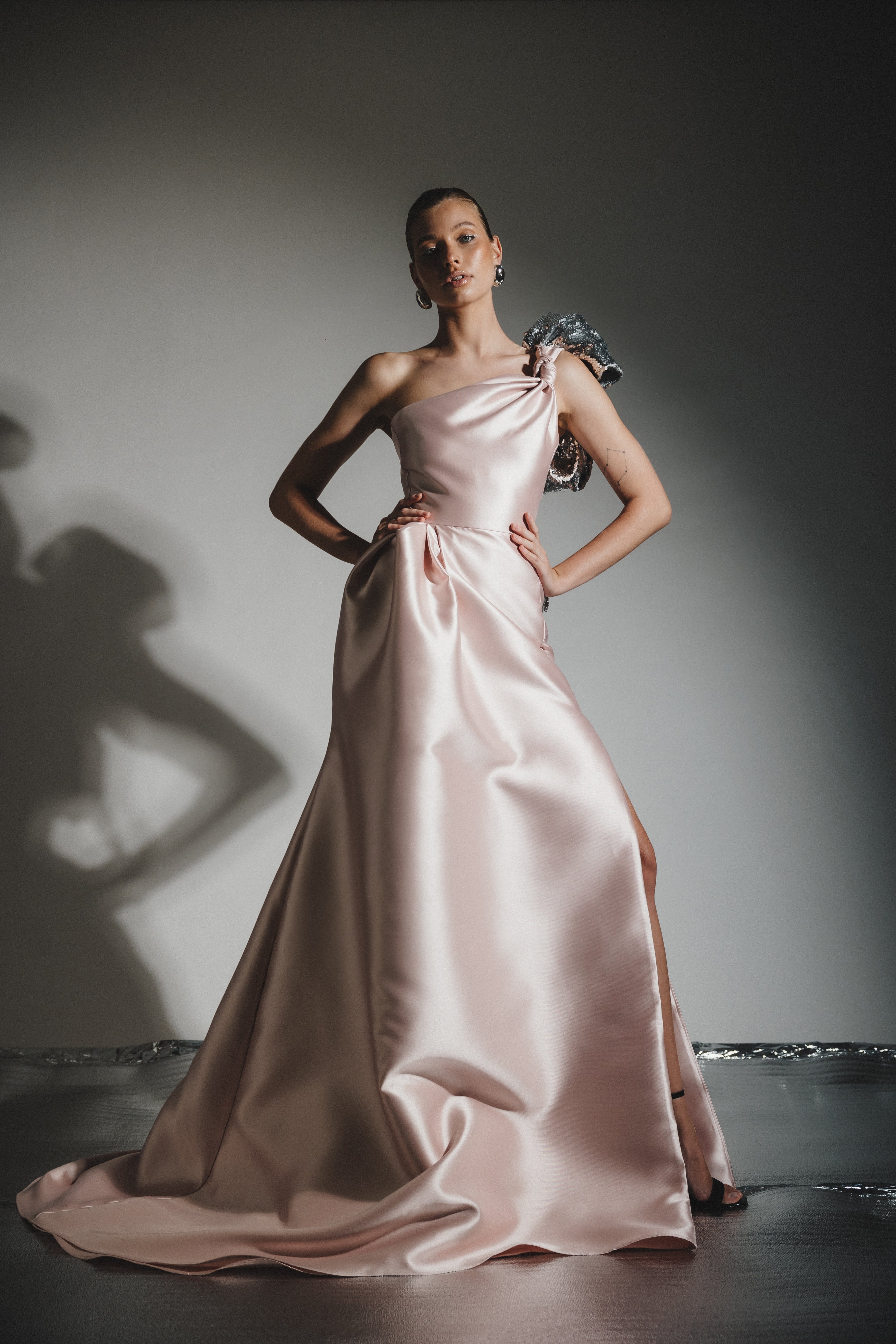 SEQUIN BOW ONE SHOULDER BALL GOWN