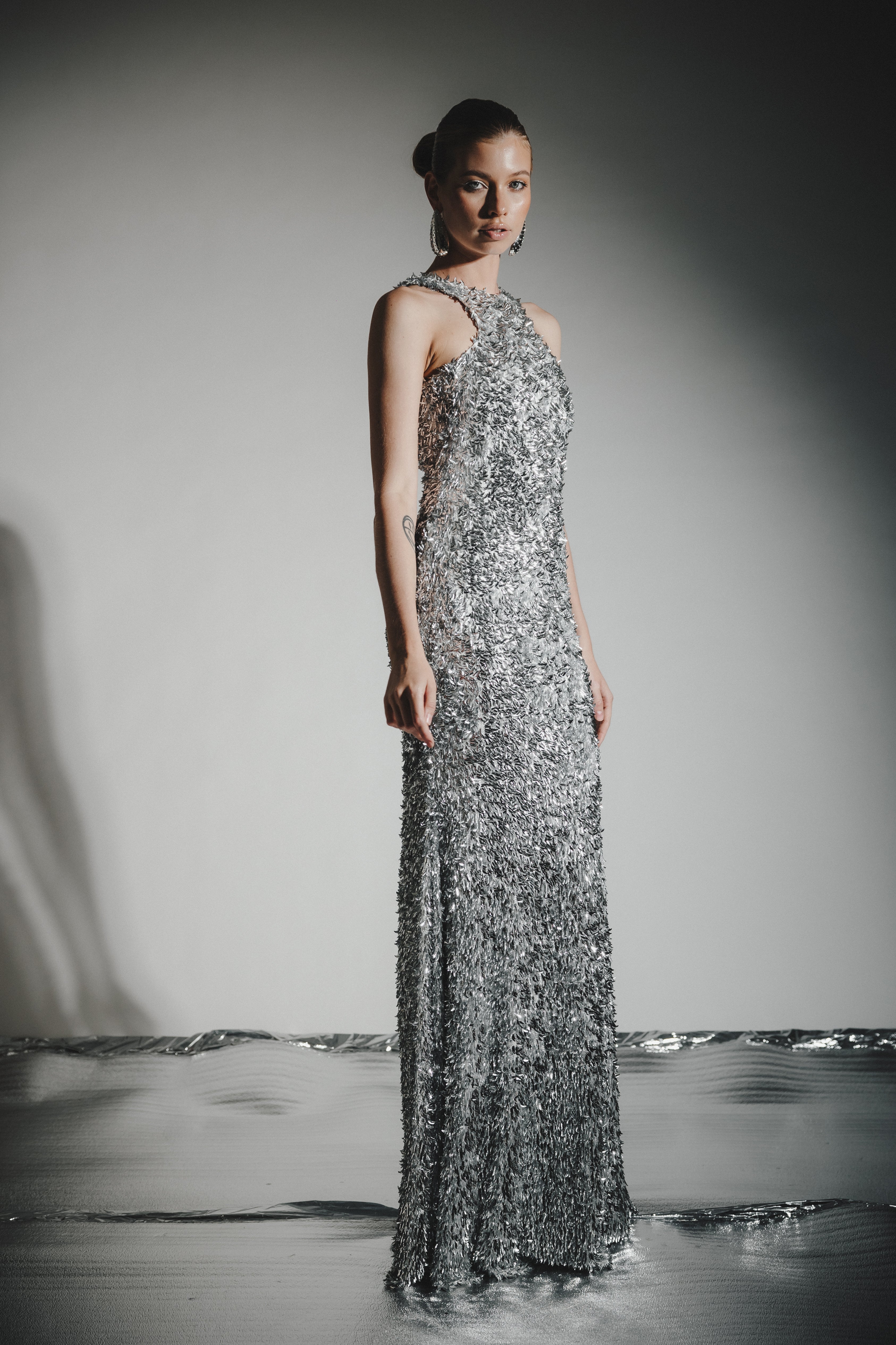 SILVER SEQUIN RACER GOWN