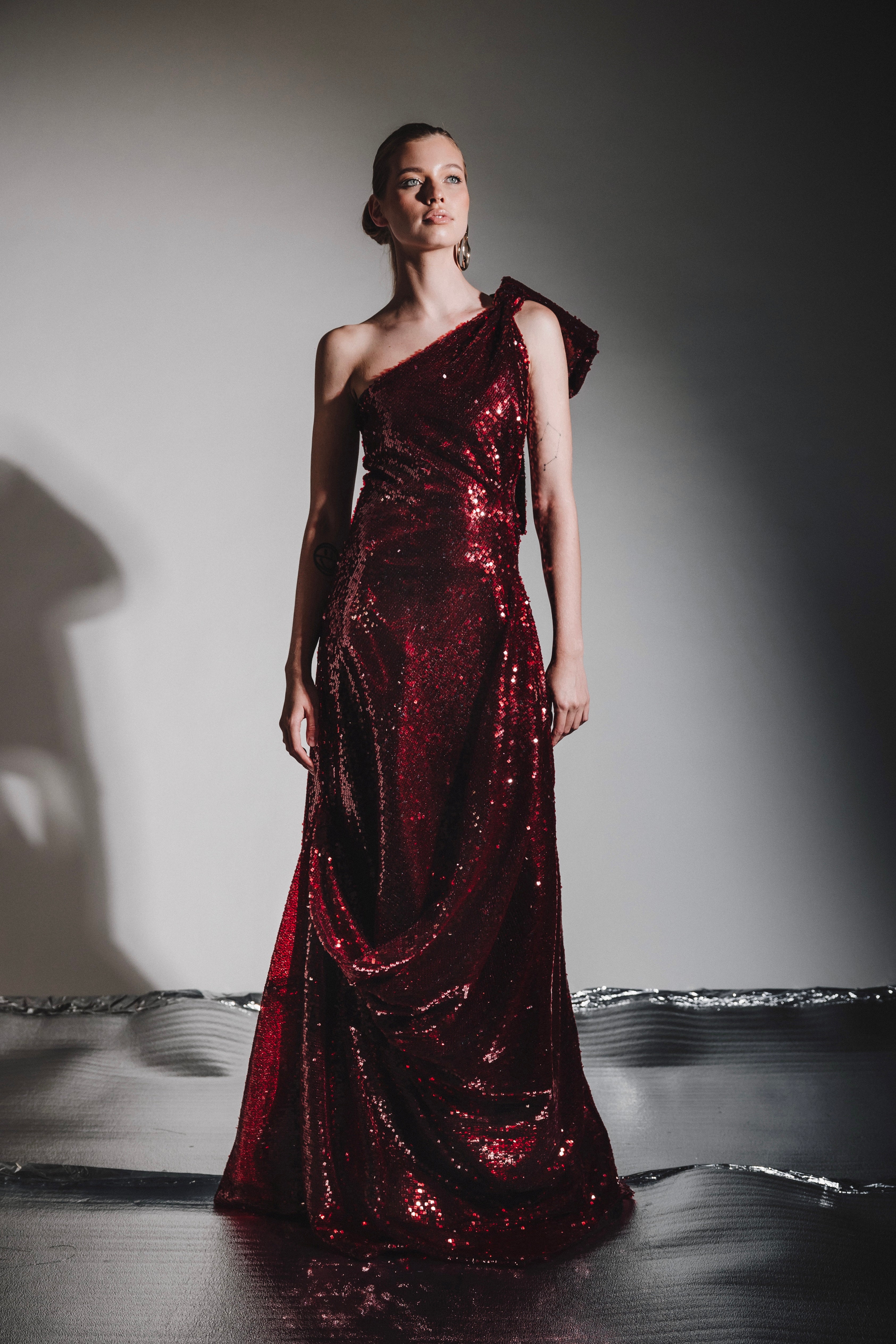 RUBY SEQUIN DRAP  GOWN
