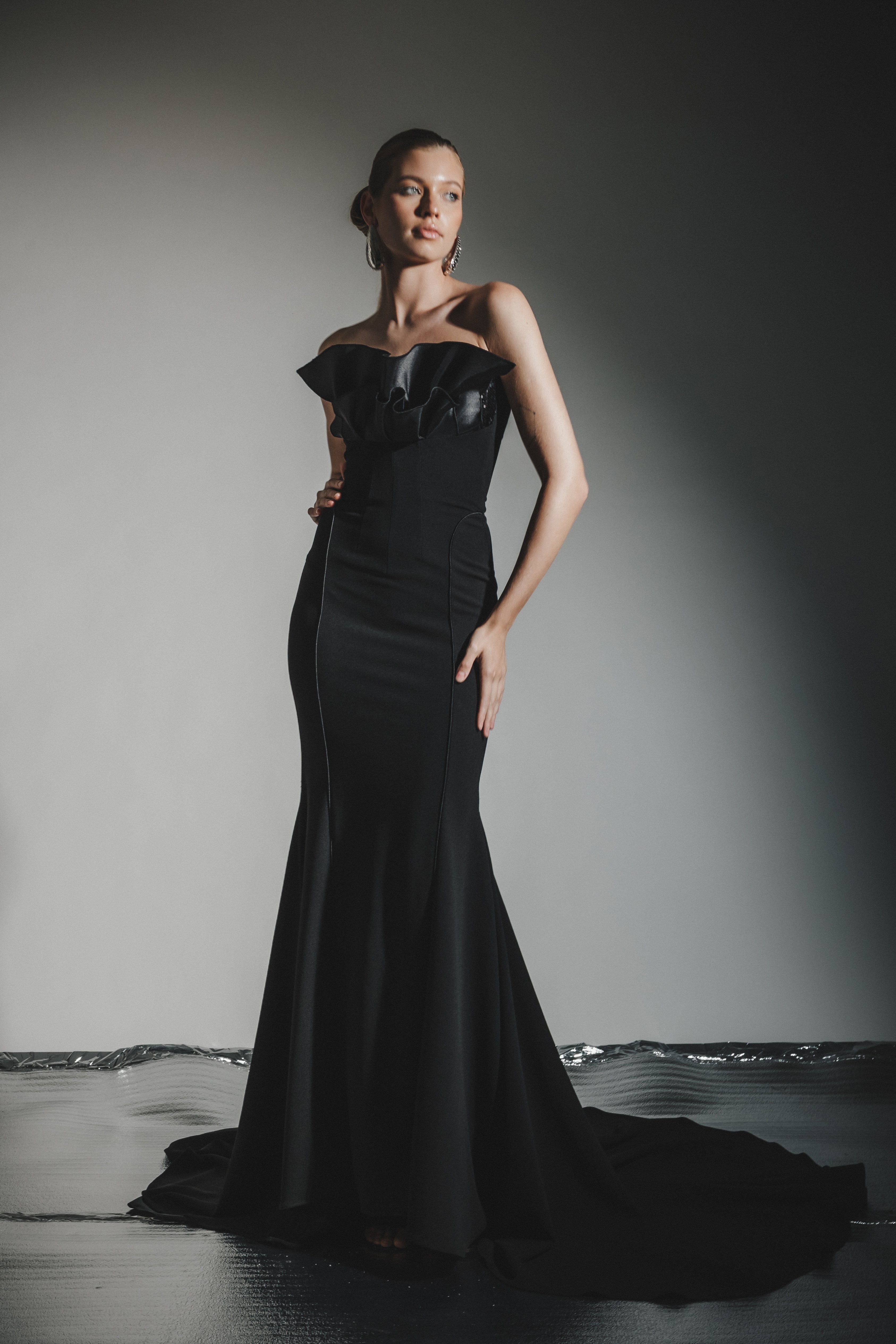 RUFFLE STRAPLESS SEQUIN PANEL  DRESS