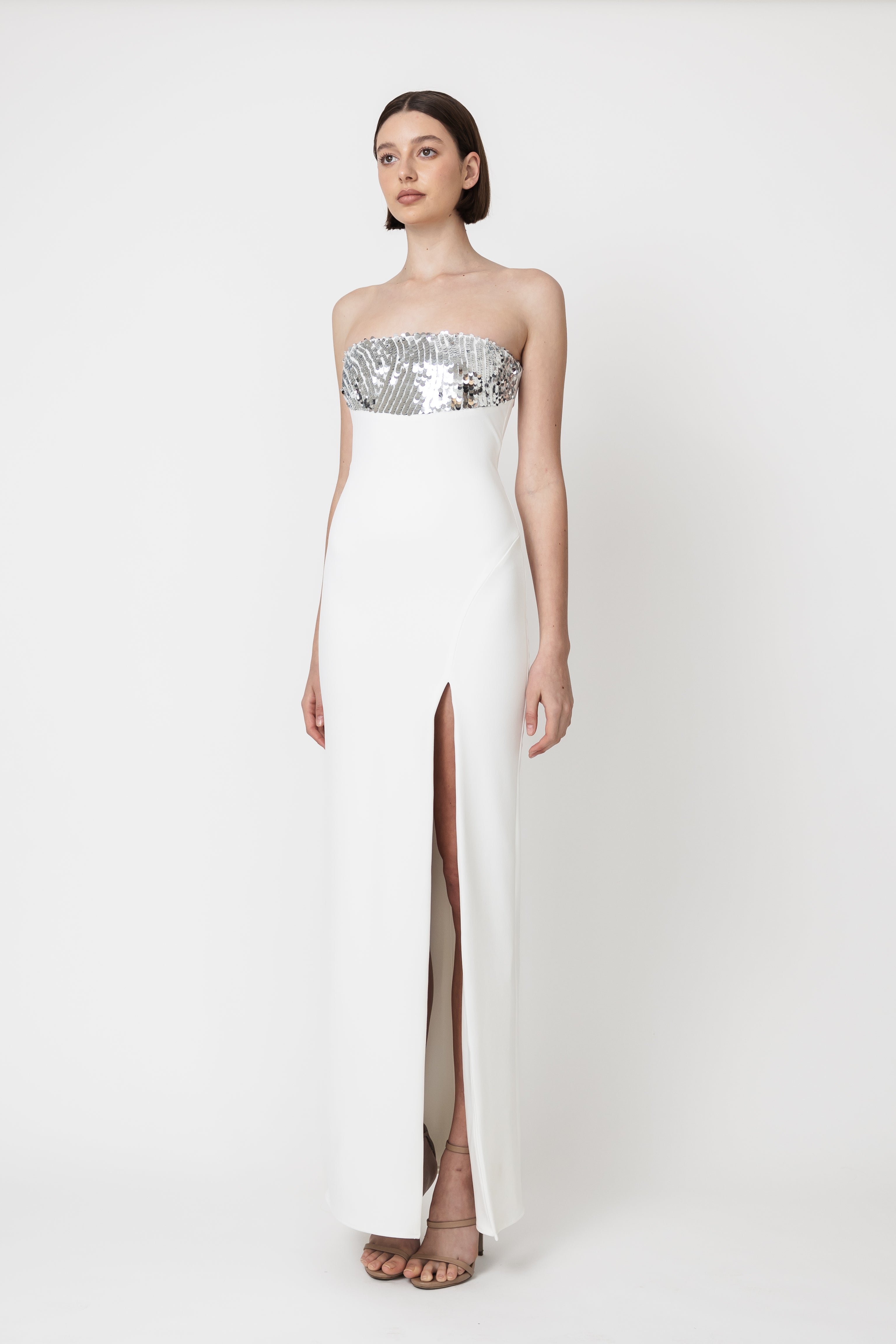 WHITE STRAPLESS SEQUIN PANEL DRESS