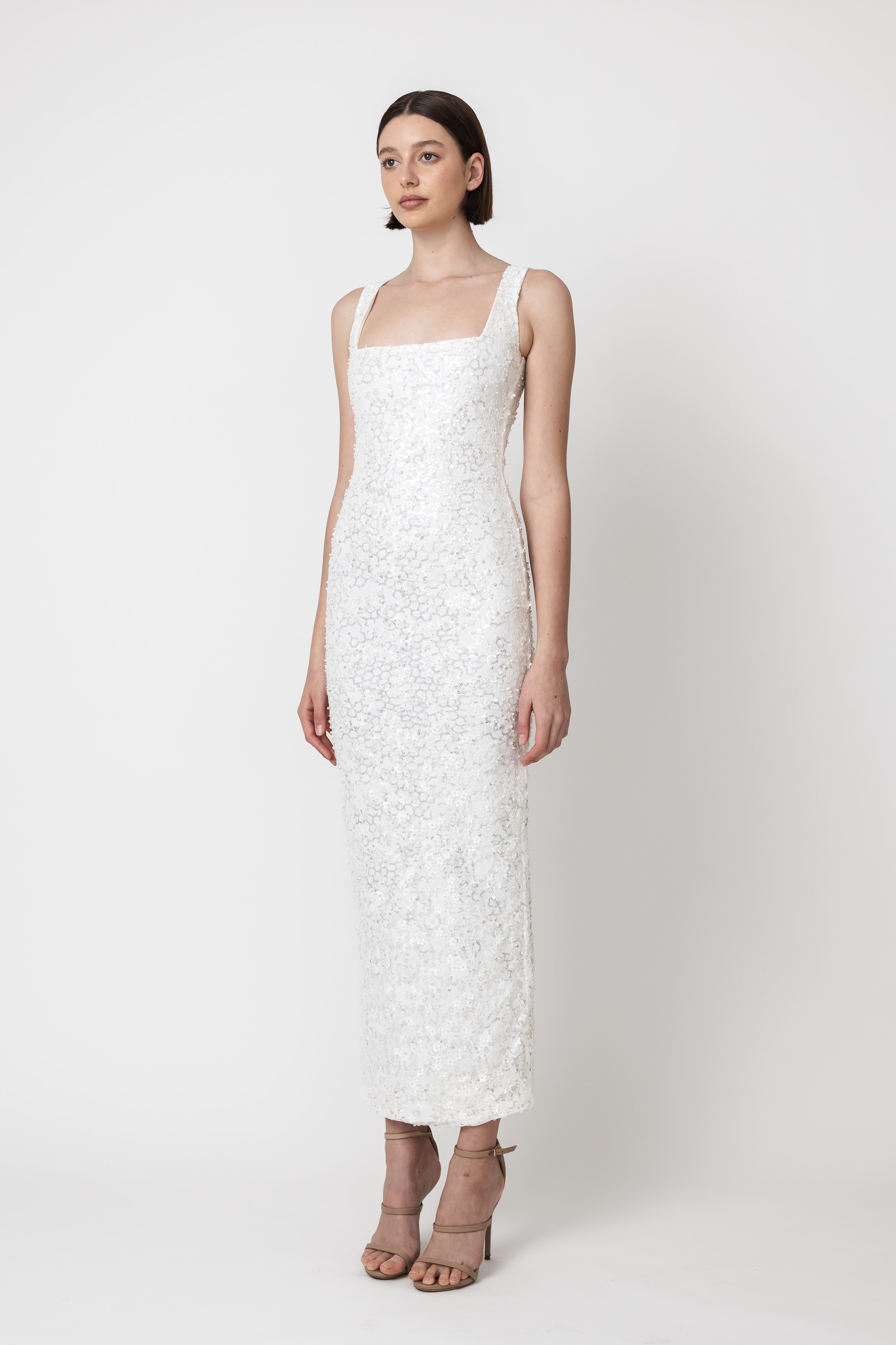 WHITE SQUARE NECK LACE DRESS