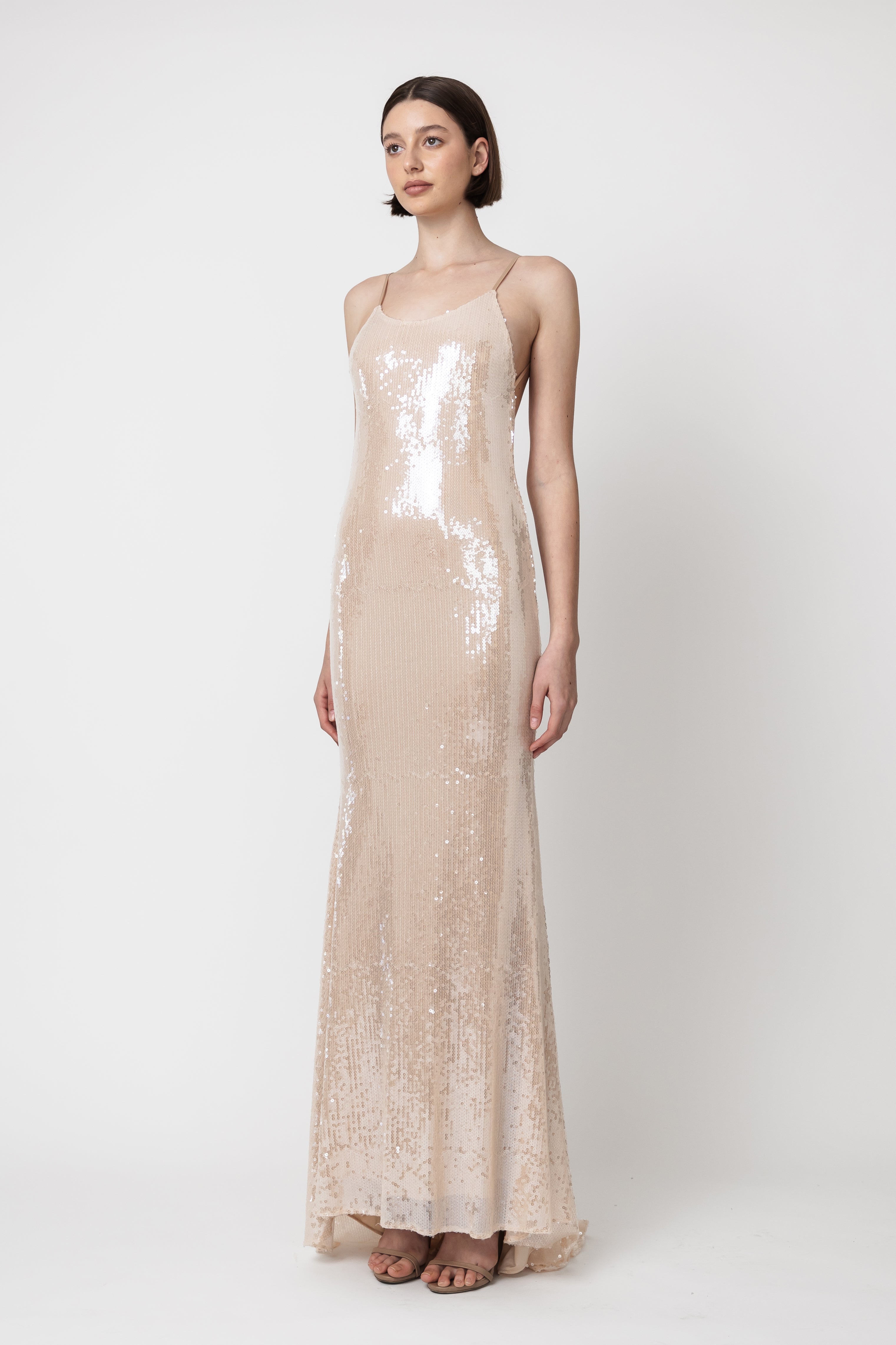 NUDE SEQUIN SLIP DRESS