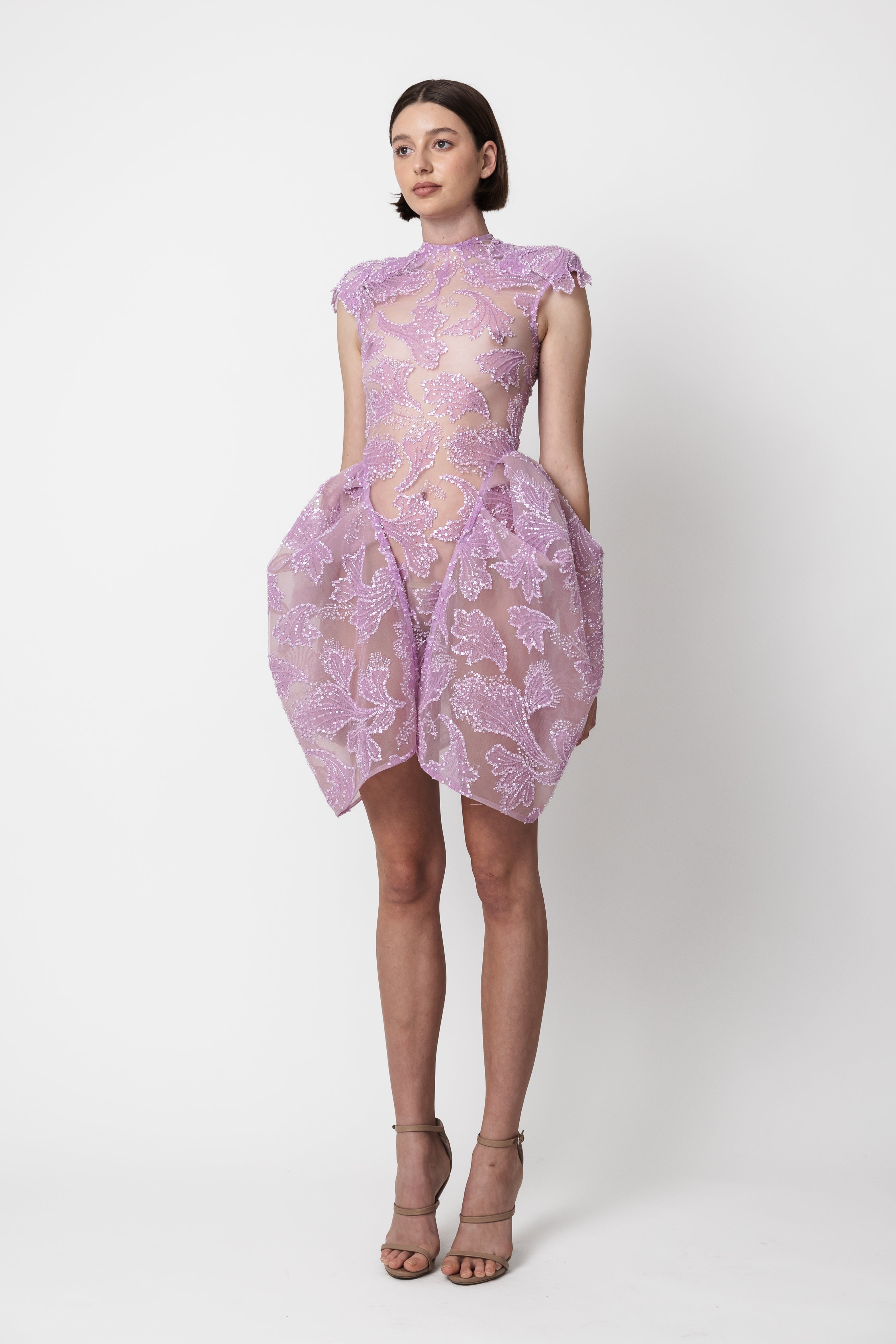 BEADED LACE CAP SLEEVE MINI DRESS