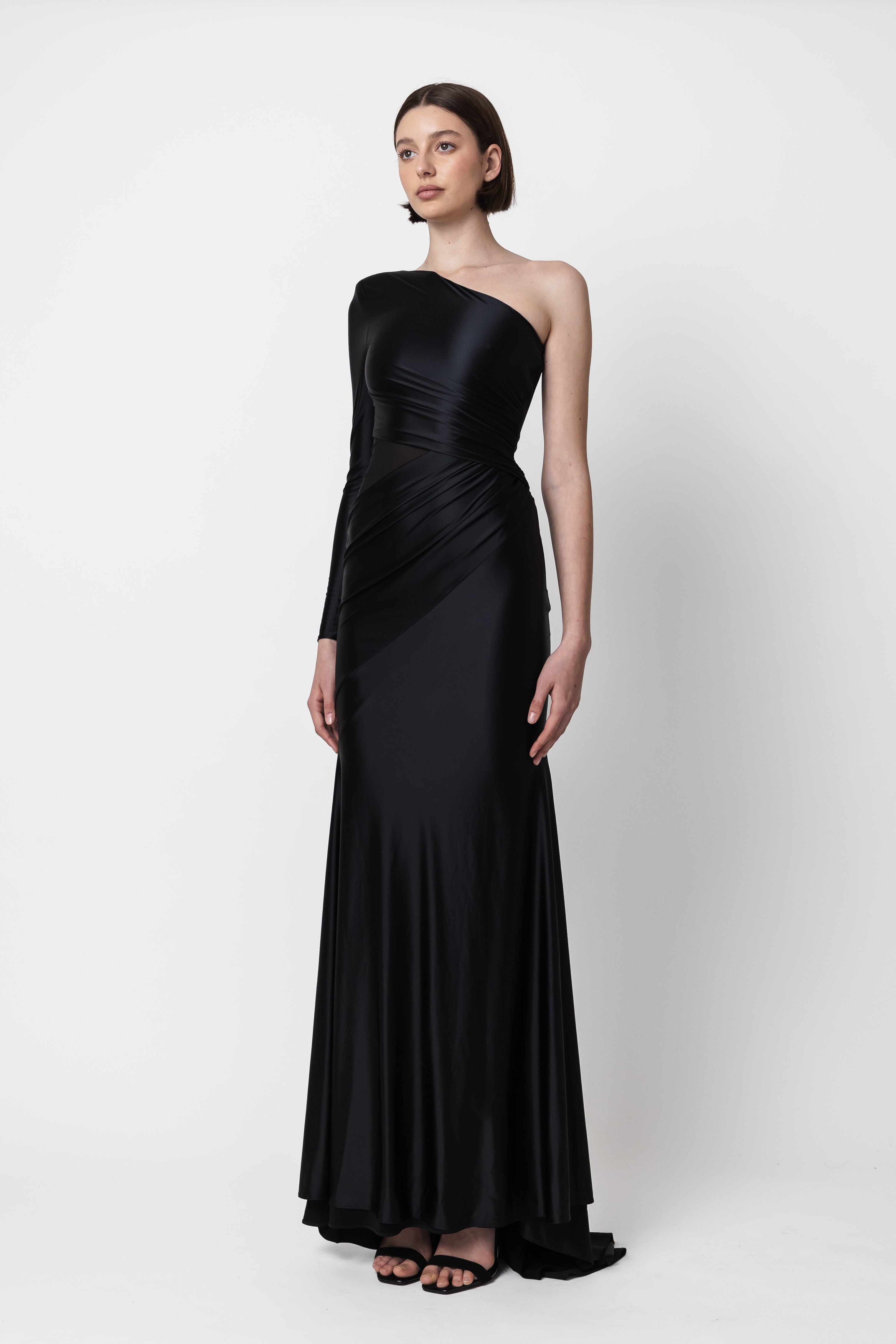 RED ONE SHOULDER RUCHE GOWN