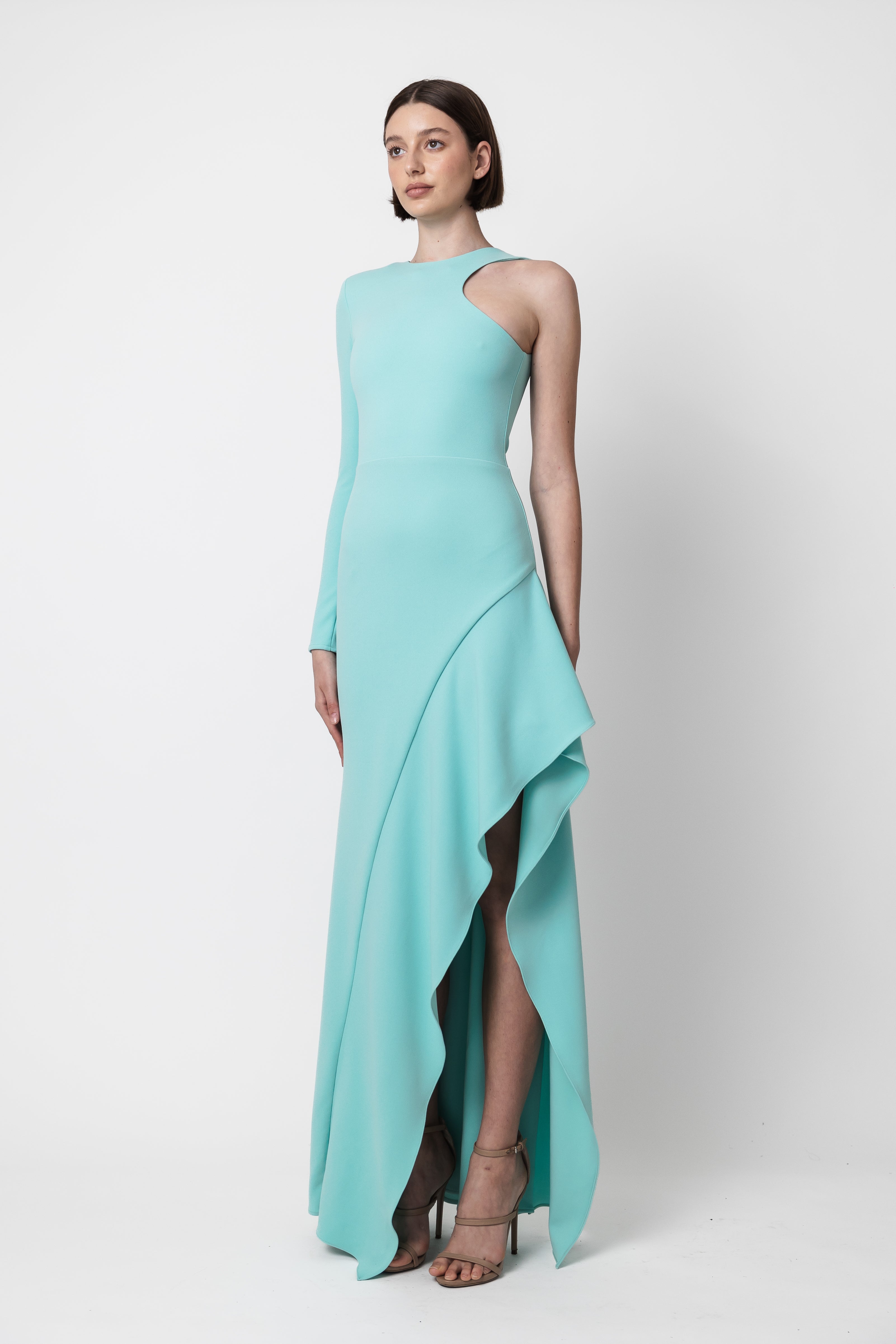 RACER FLOUNCE CREPE DRESS CYAN