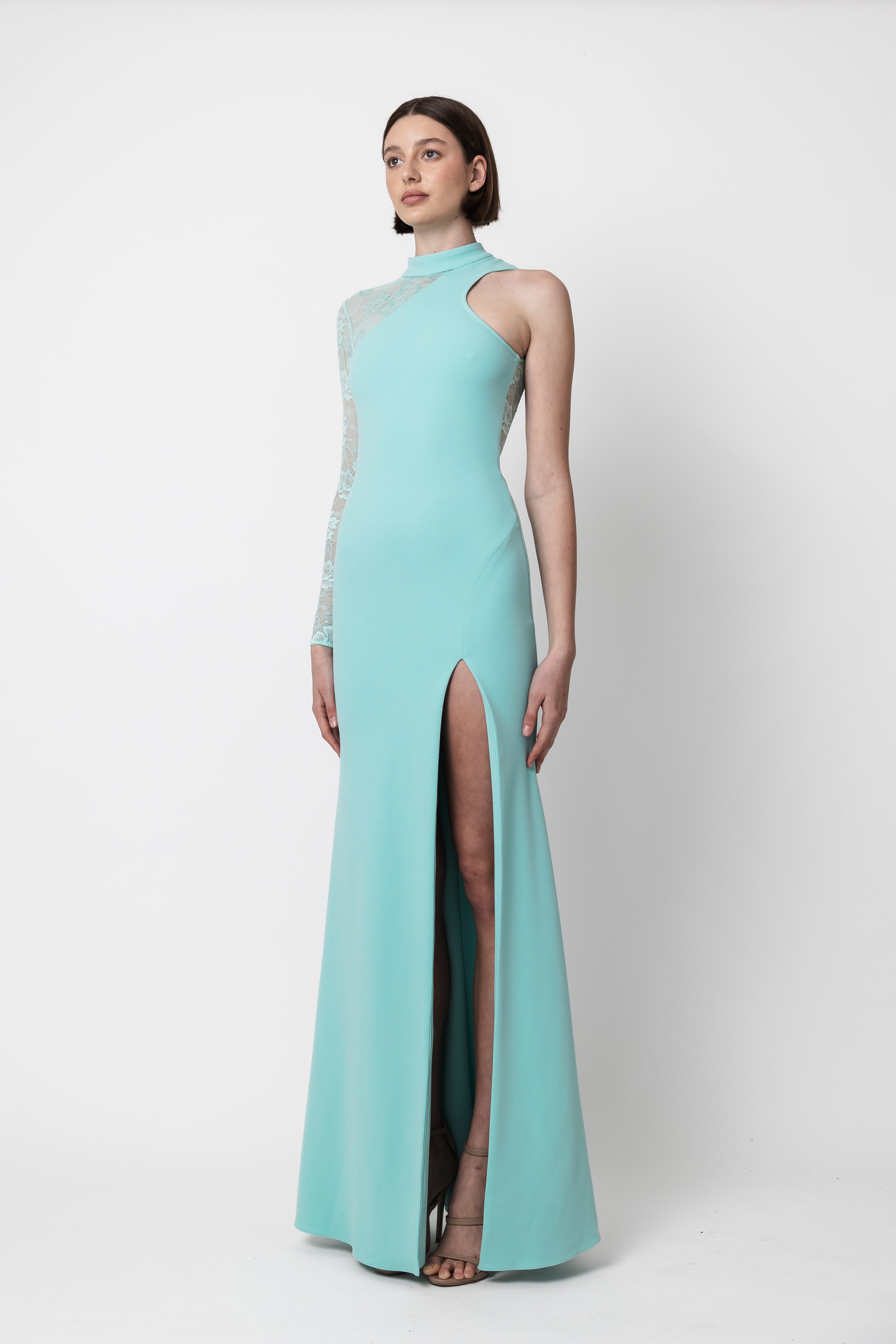 RACER LACE CREPE DRESS CYAN