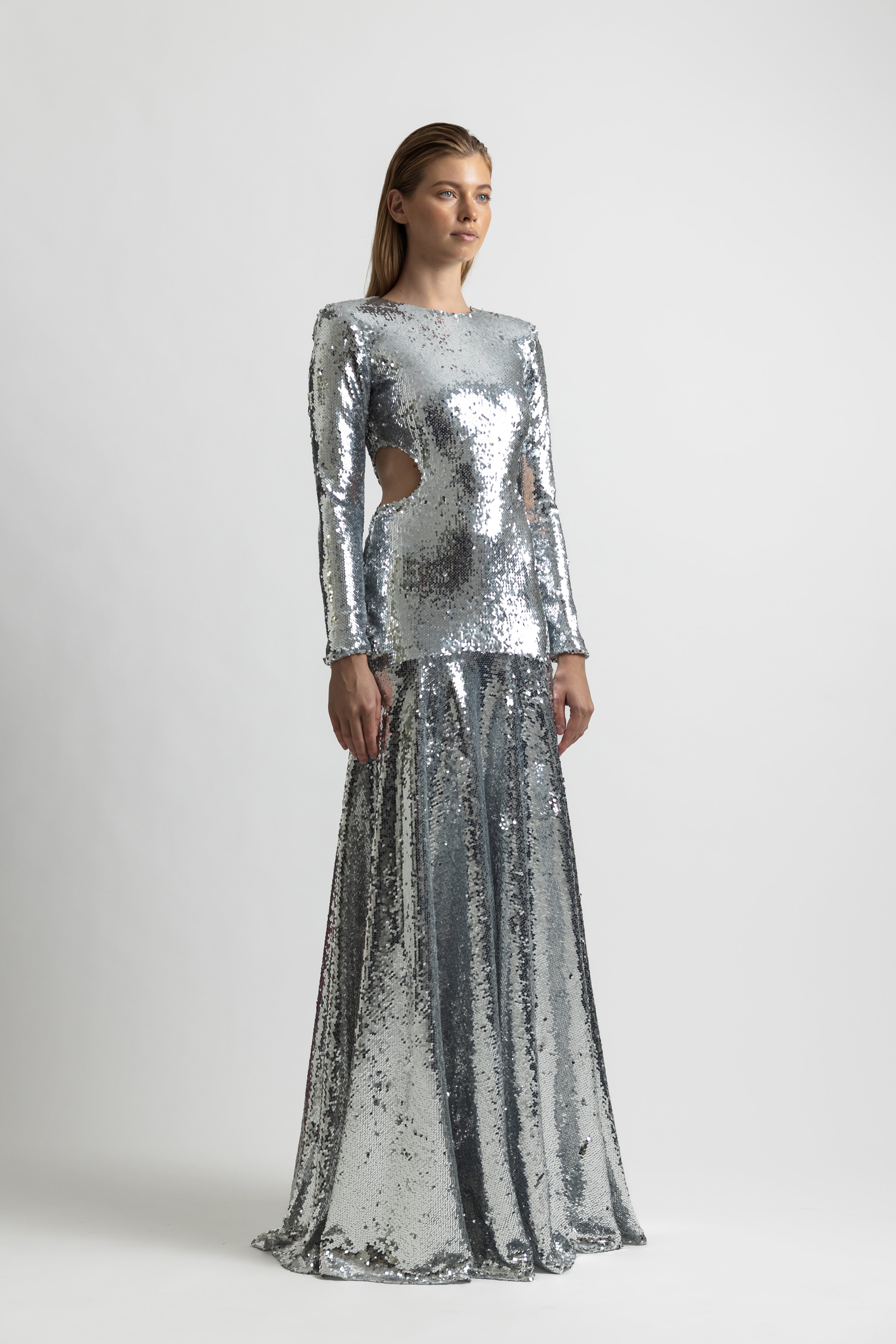 SILVER SEQUIN CUTOUT  DRESS