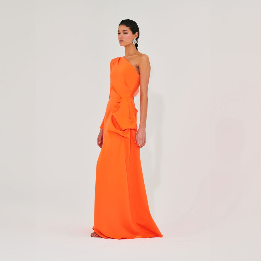 Neon Orange Izar One Shoulder Gown