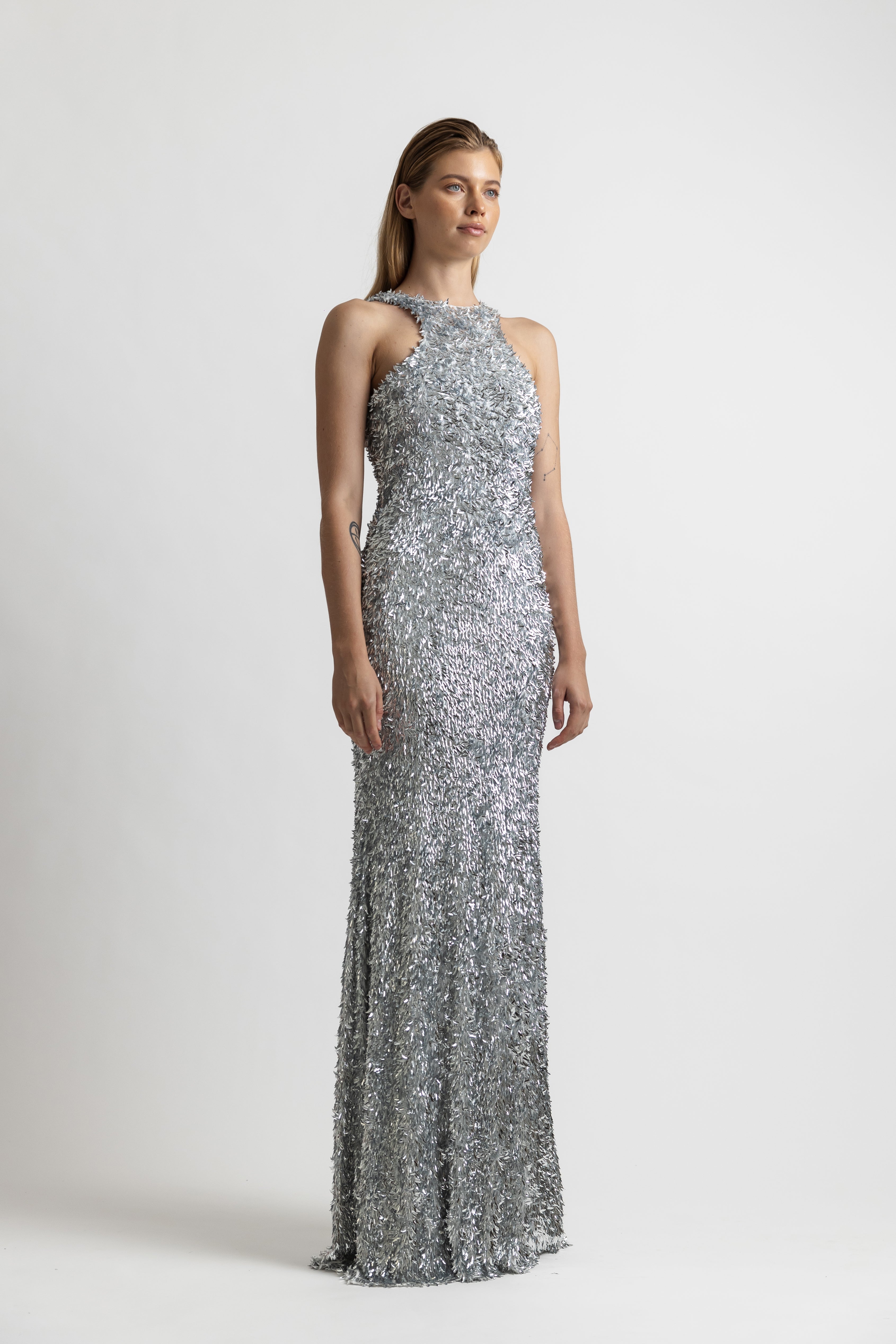 SILVER SEQUIN RACER GOWN