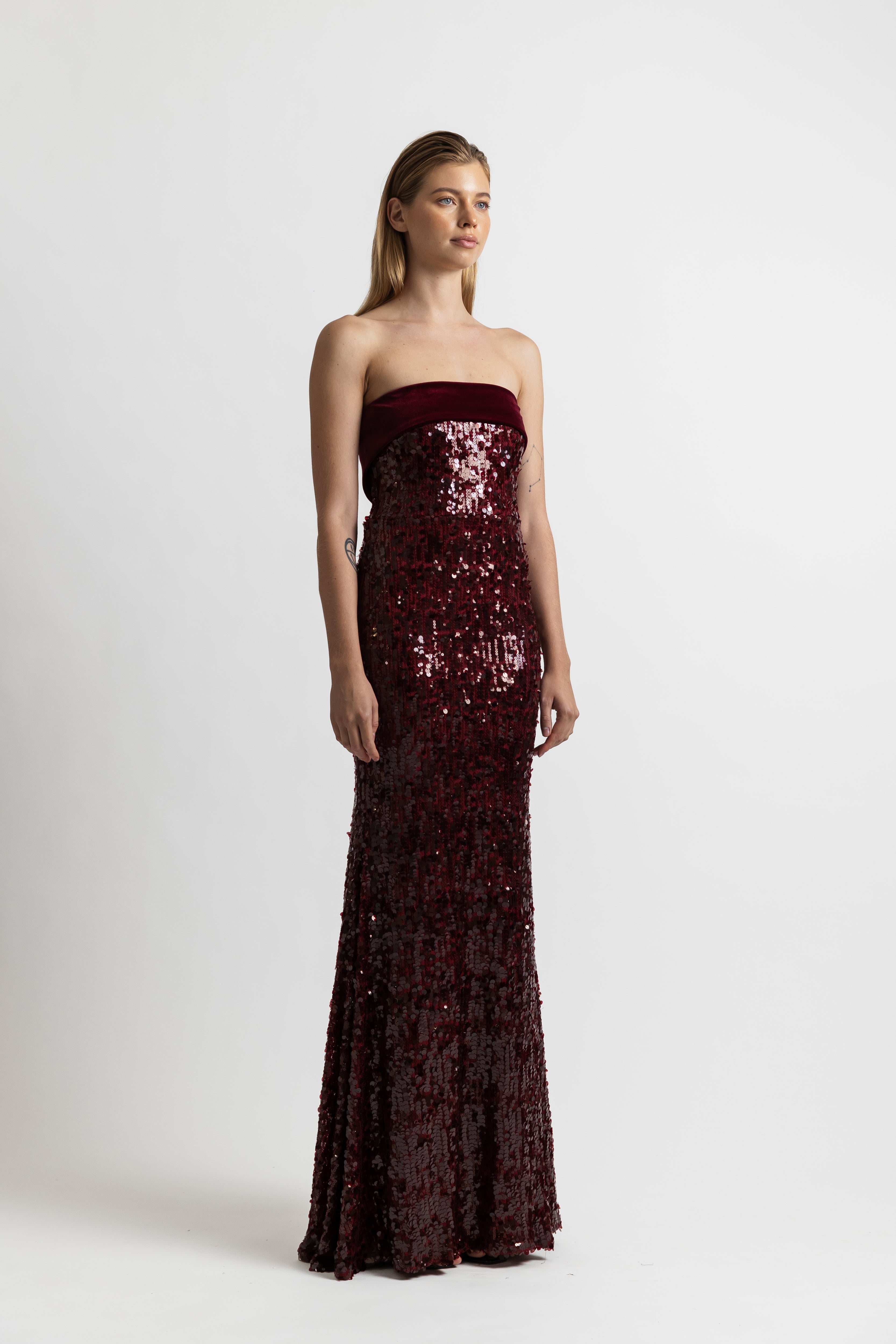 RUBY SEQUIN VELVET STRAPLESS DRESS