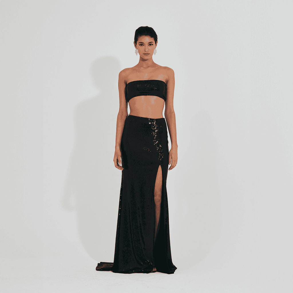 Black Sequin Crop Top And Skirt Set