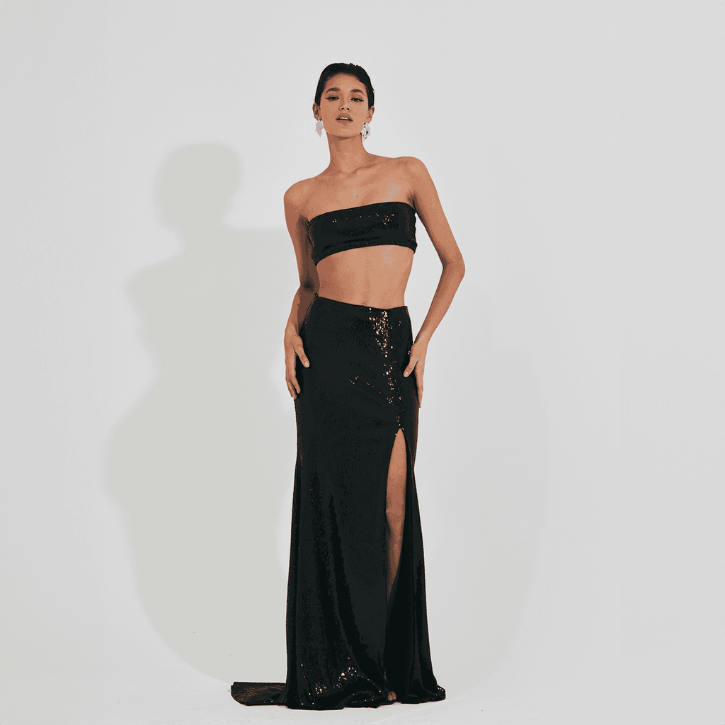 Black sequin top crop top skirt