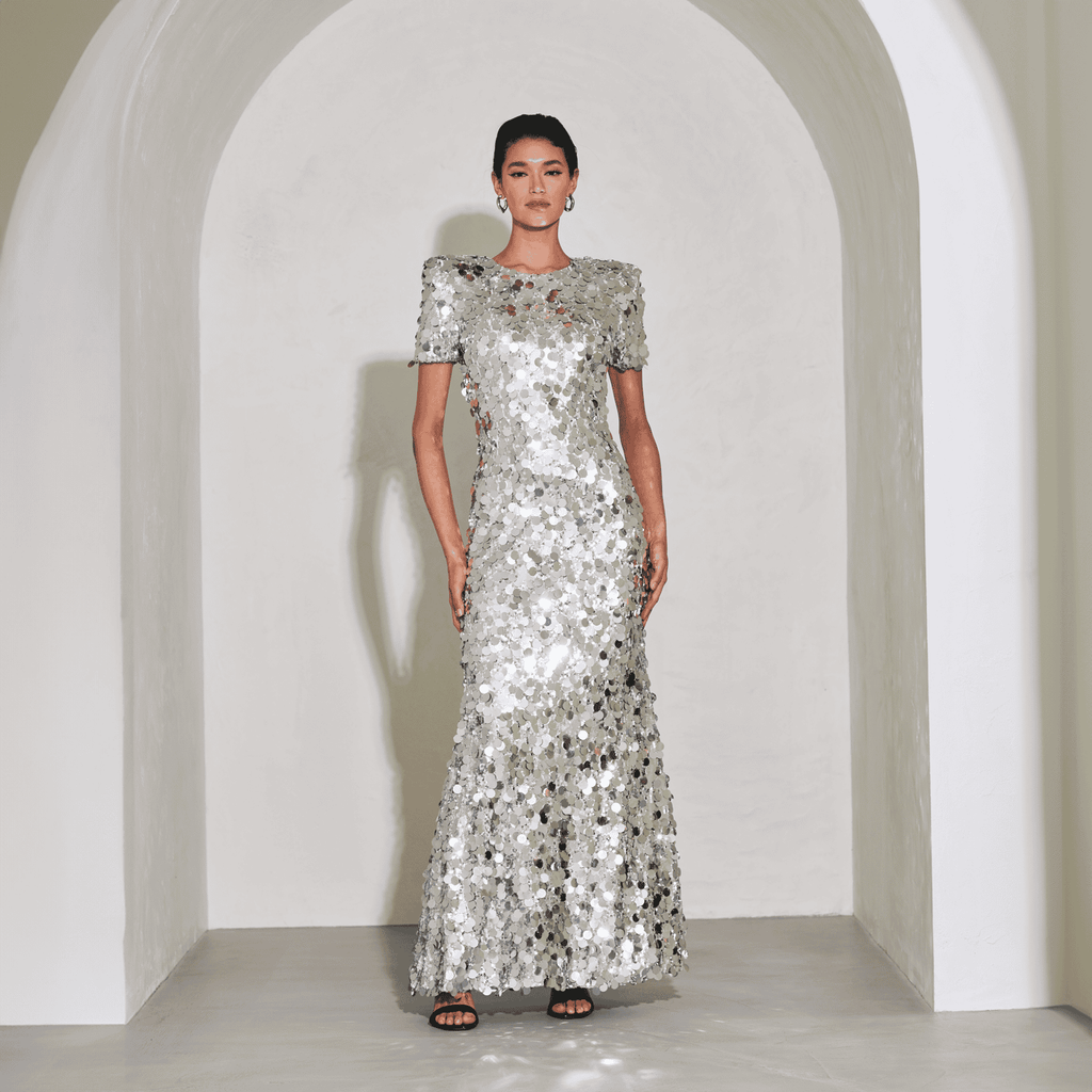 Silver Mirrored Sequin Gown I Meraki Official