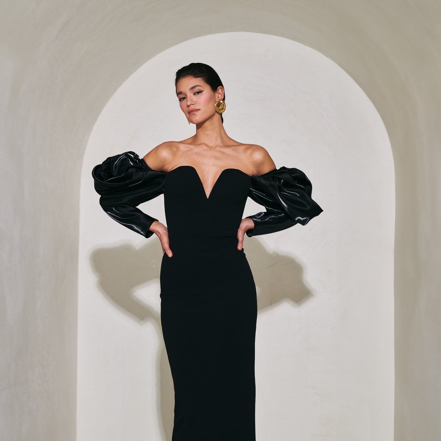 Rose Satin Sleeve Crepe Dress I Meraki Official