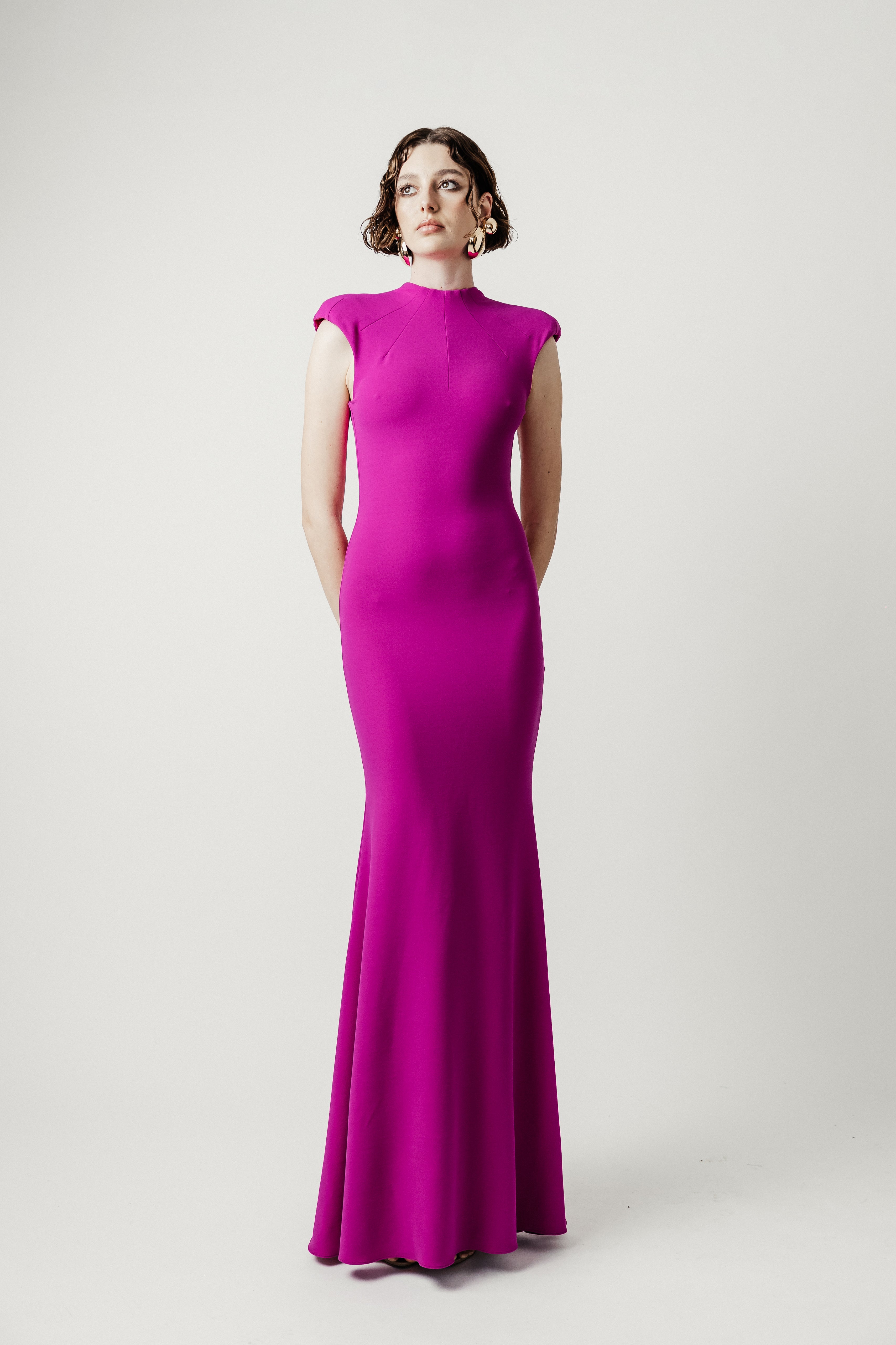 MAGENTA CREPE CAP SLEEVE  DRESS