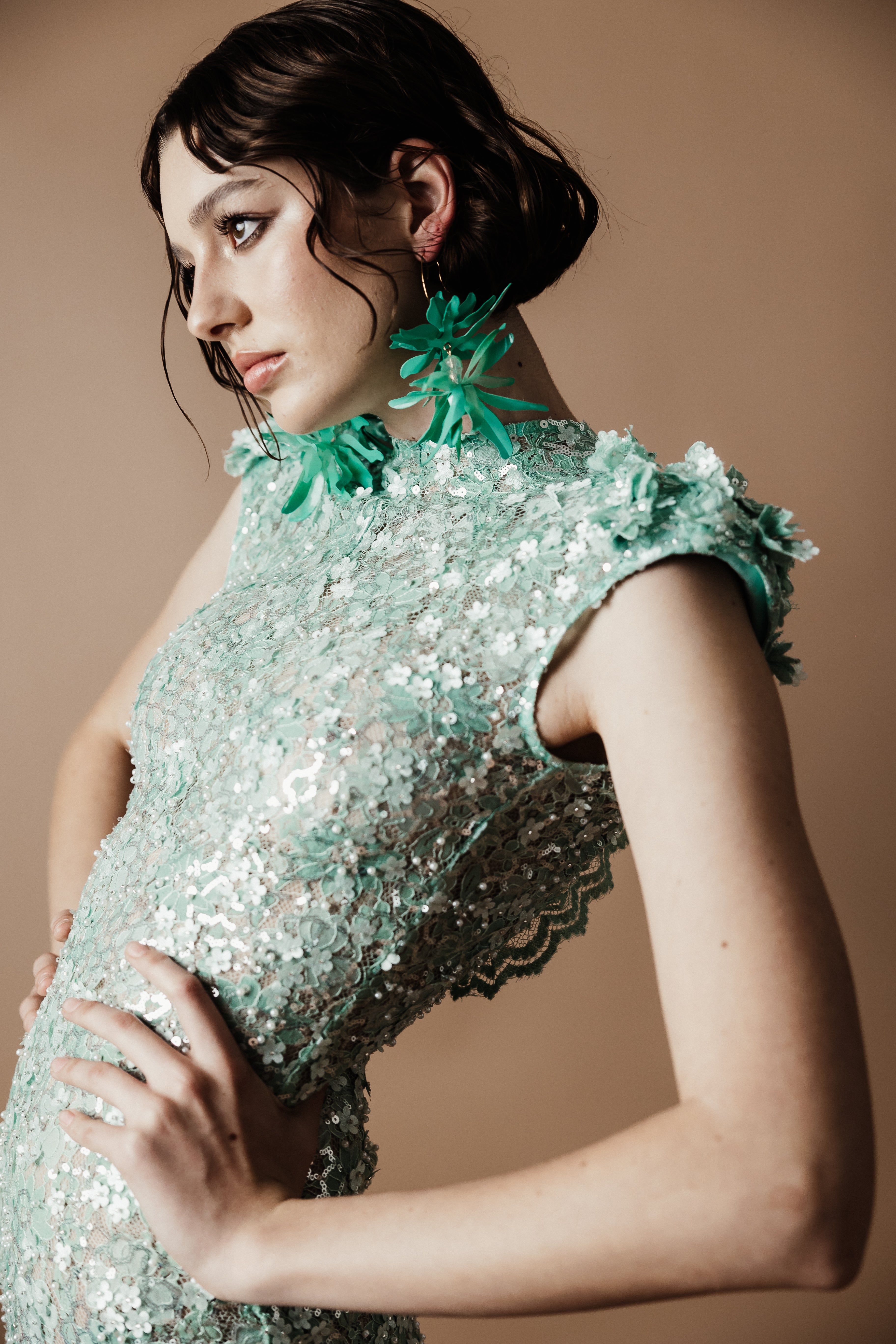 MINT LACE CAP SLEEVE MINI DRESS