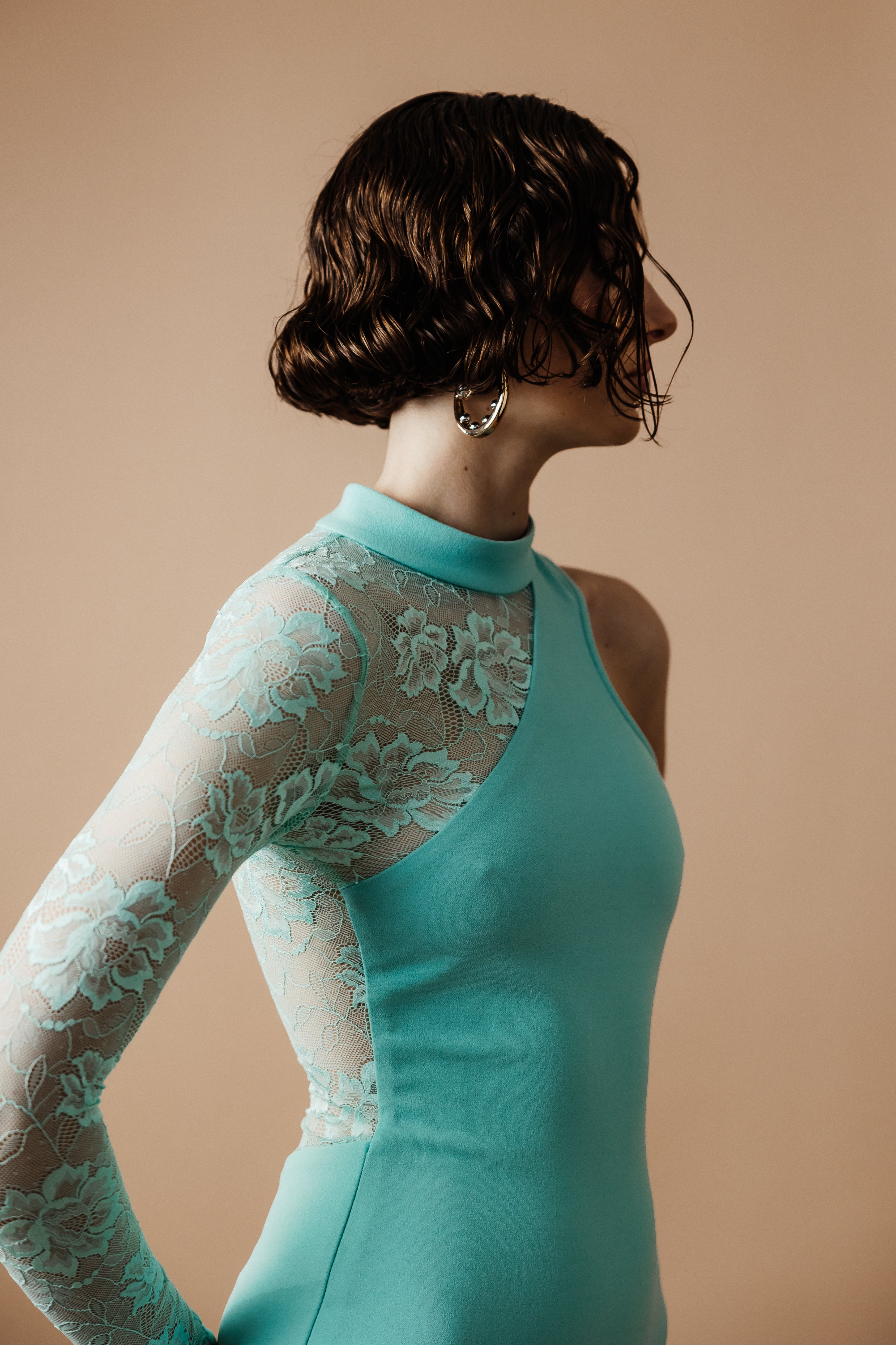 RACER LACE CREPE DRESS CYAN