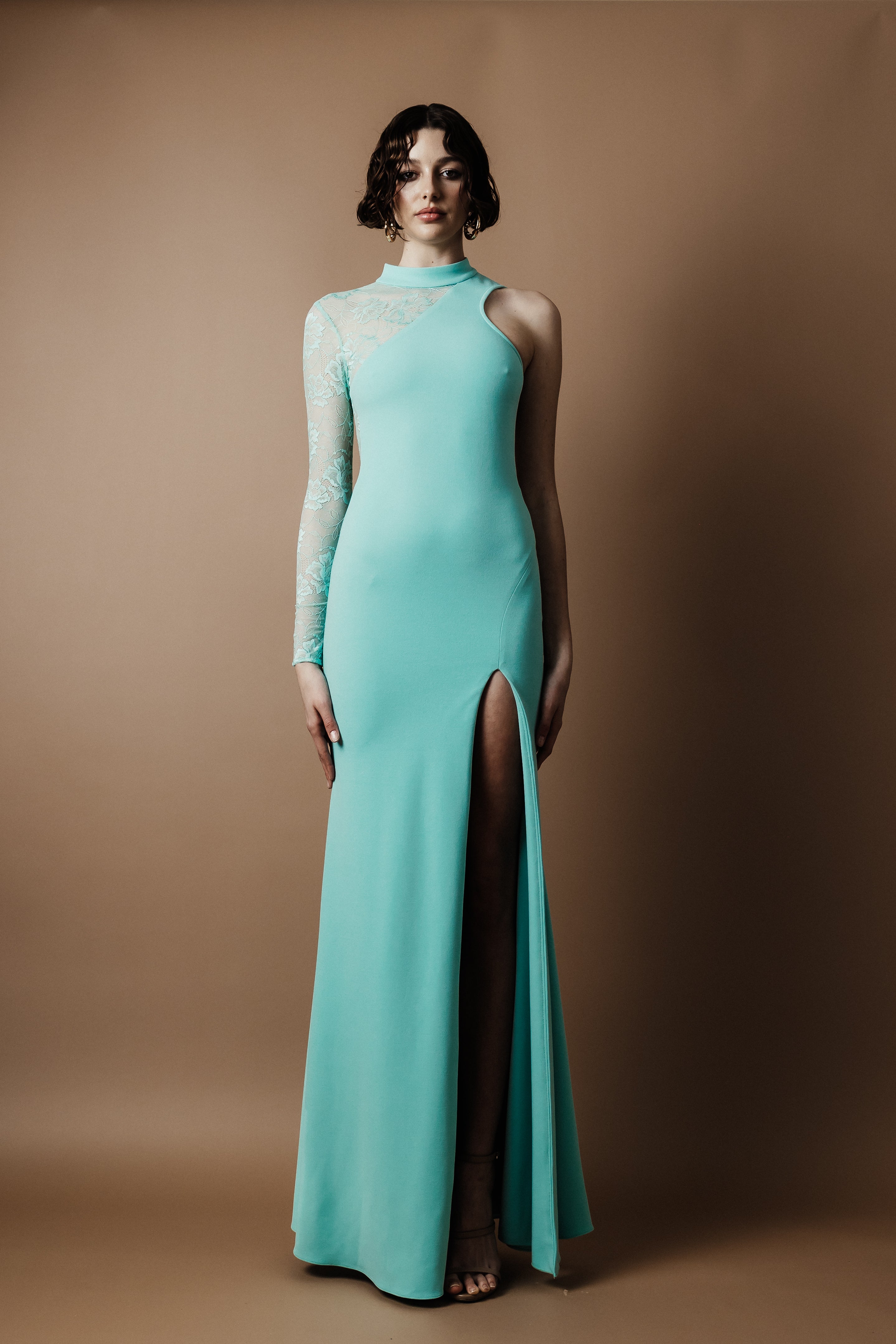 RACER LACE CREPE DRESS CYAN