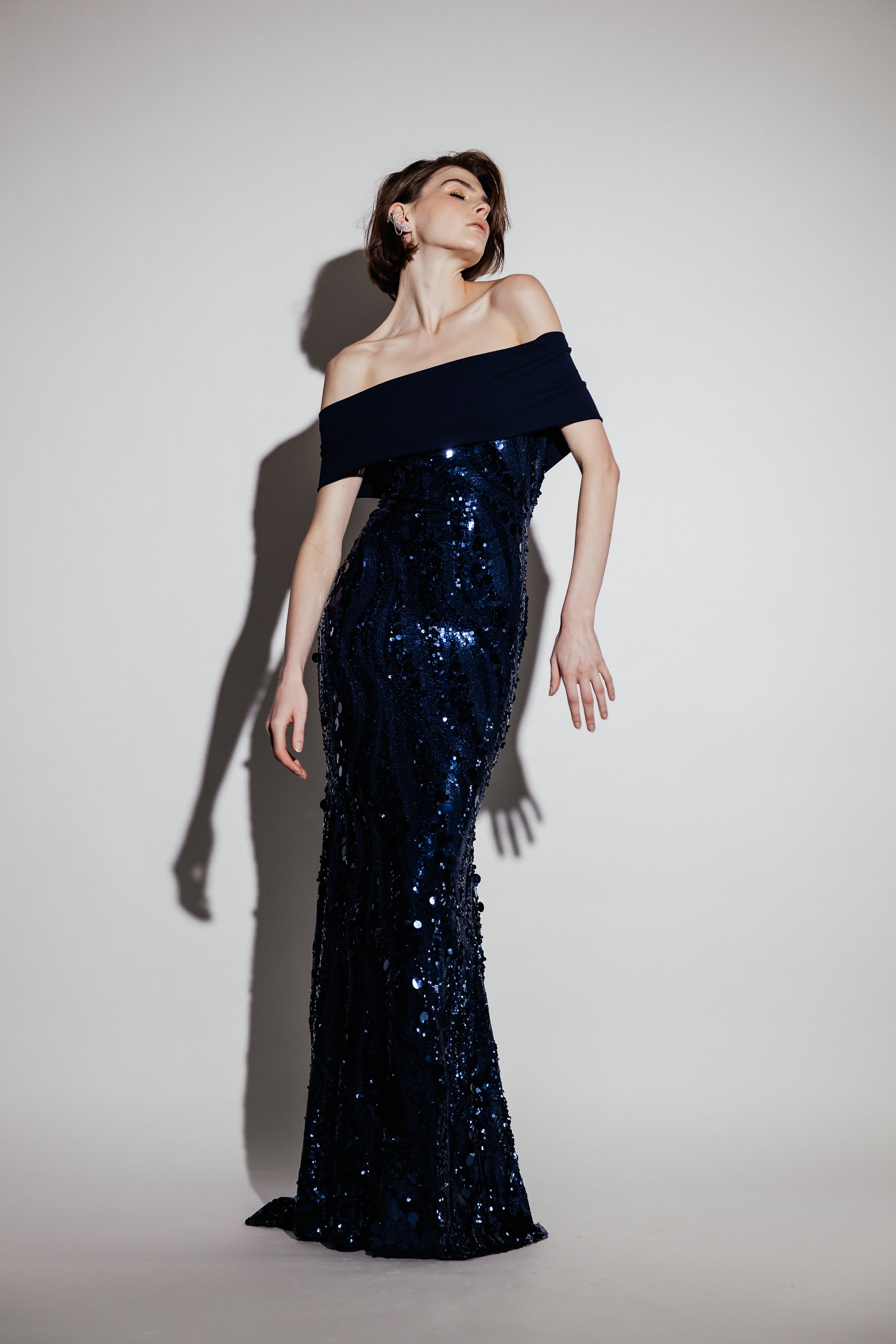 MIDNIGHT OFF SHOULDER  GOWN