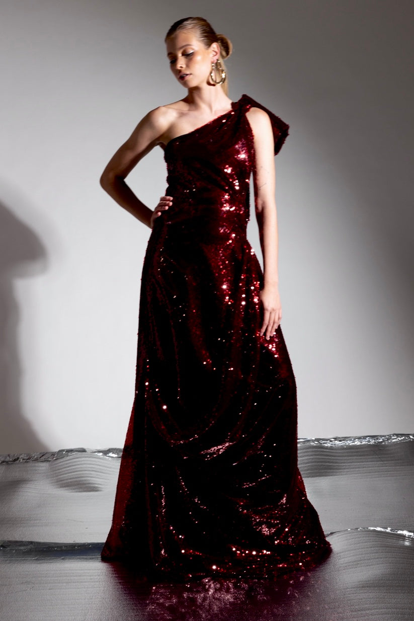 RUBY SEQUIN DRAP  GOWN